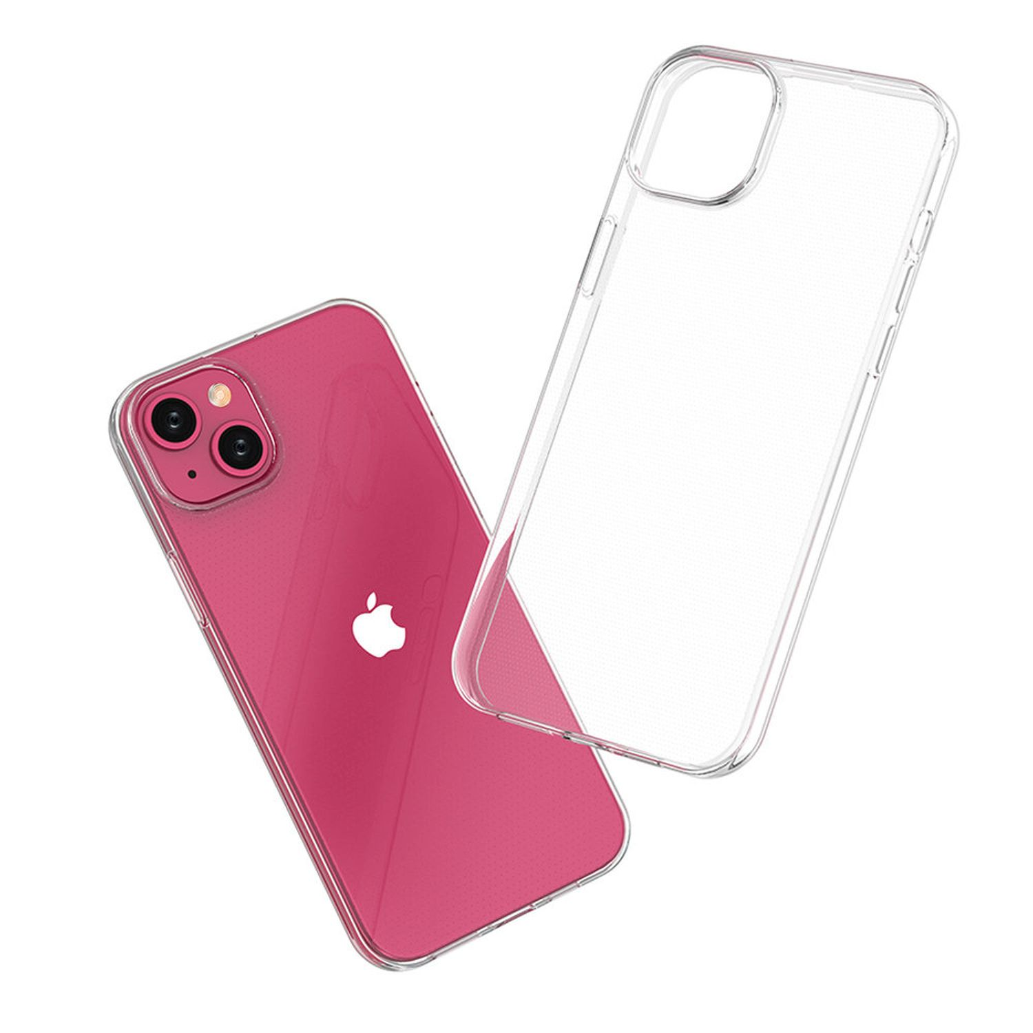 Ein pinkfarbenes iPhone mit einer transparenten Hülle neben der Hülle. Die Hülle ist transparent. Der Hintergrund ist weiß.