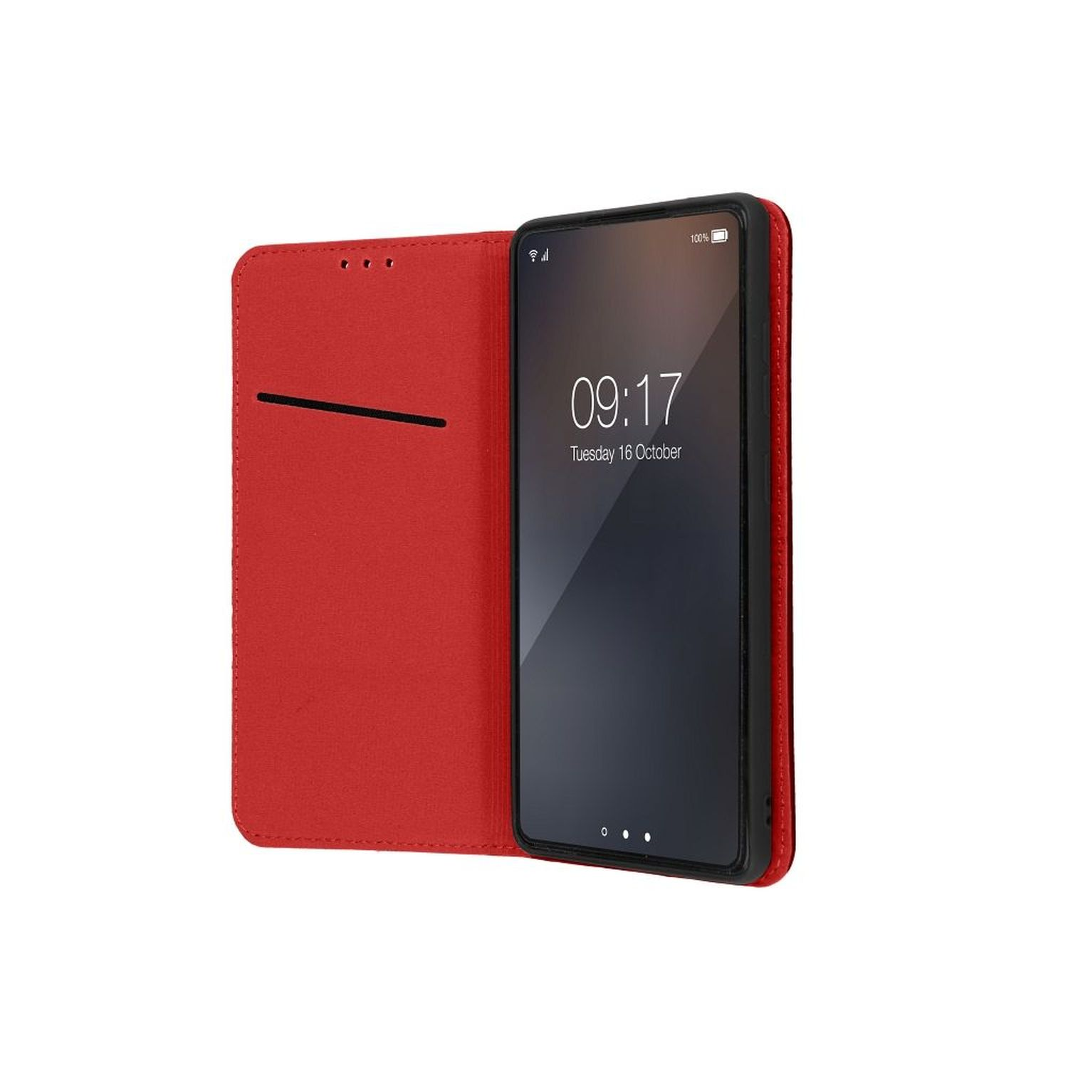 Rote Handyhülle geöffnet mit Telefon. Das Telefon zeigt die Uhrzeit.