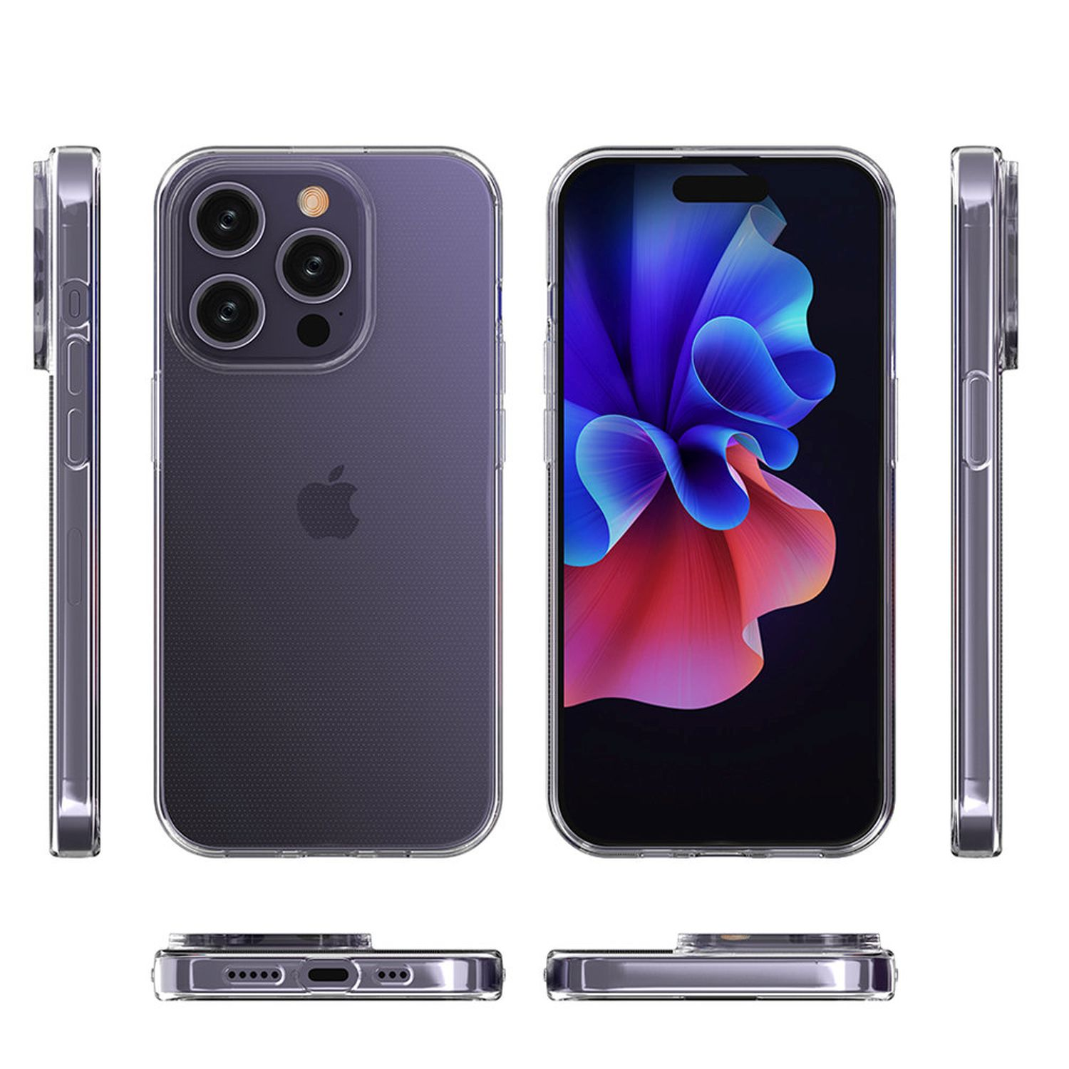 Handyhülle mit Apple-Logo, die einen farbenfrohen Bildschirm zeigt.