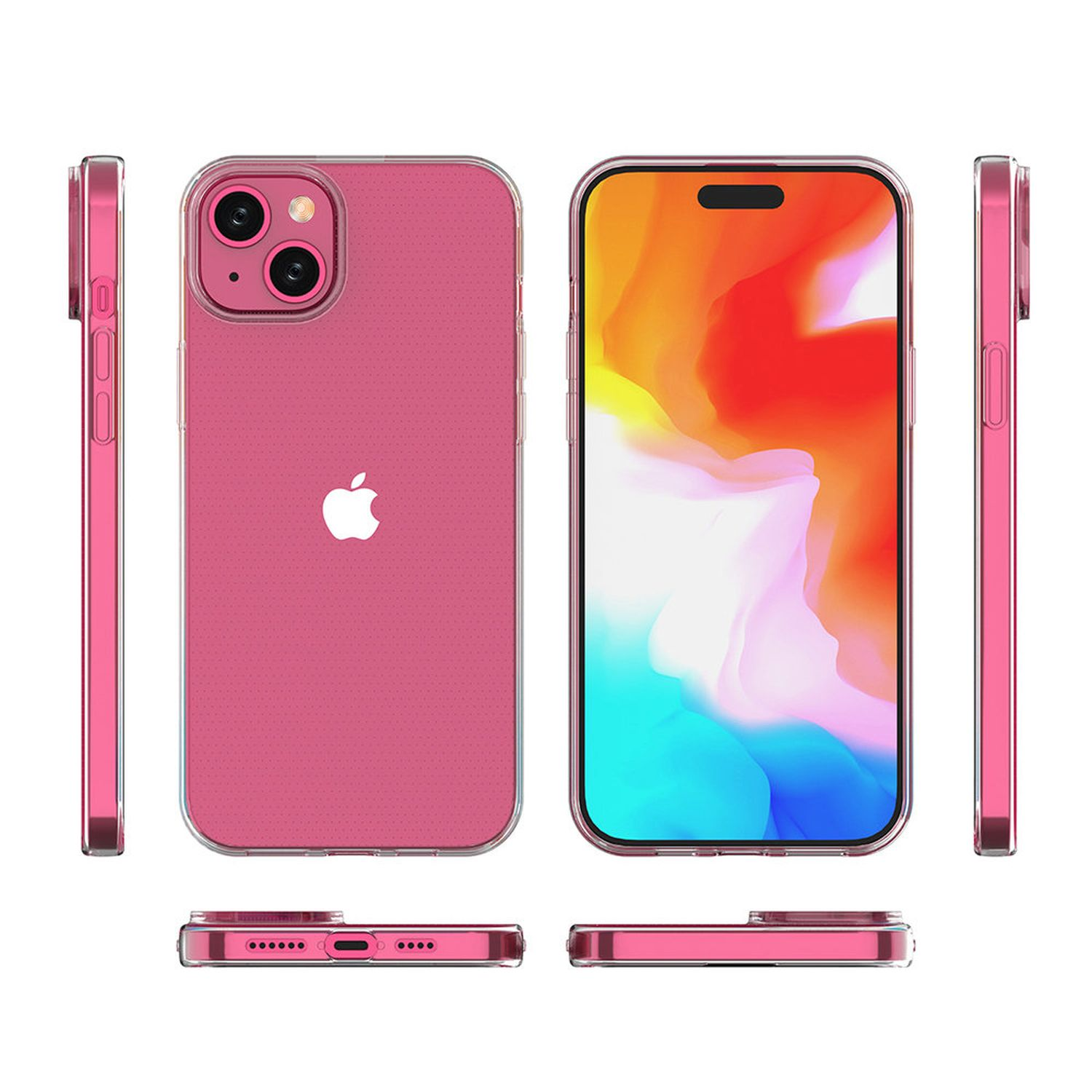Pinkes iPhone mit mehreren Ansichten. Vorder-, Seiten- und Draufsicht des Telefons.
