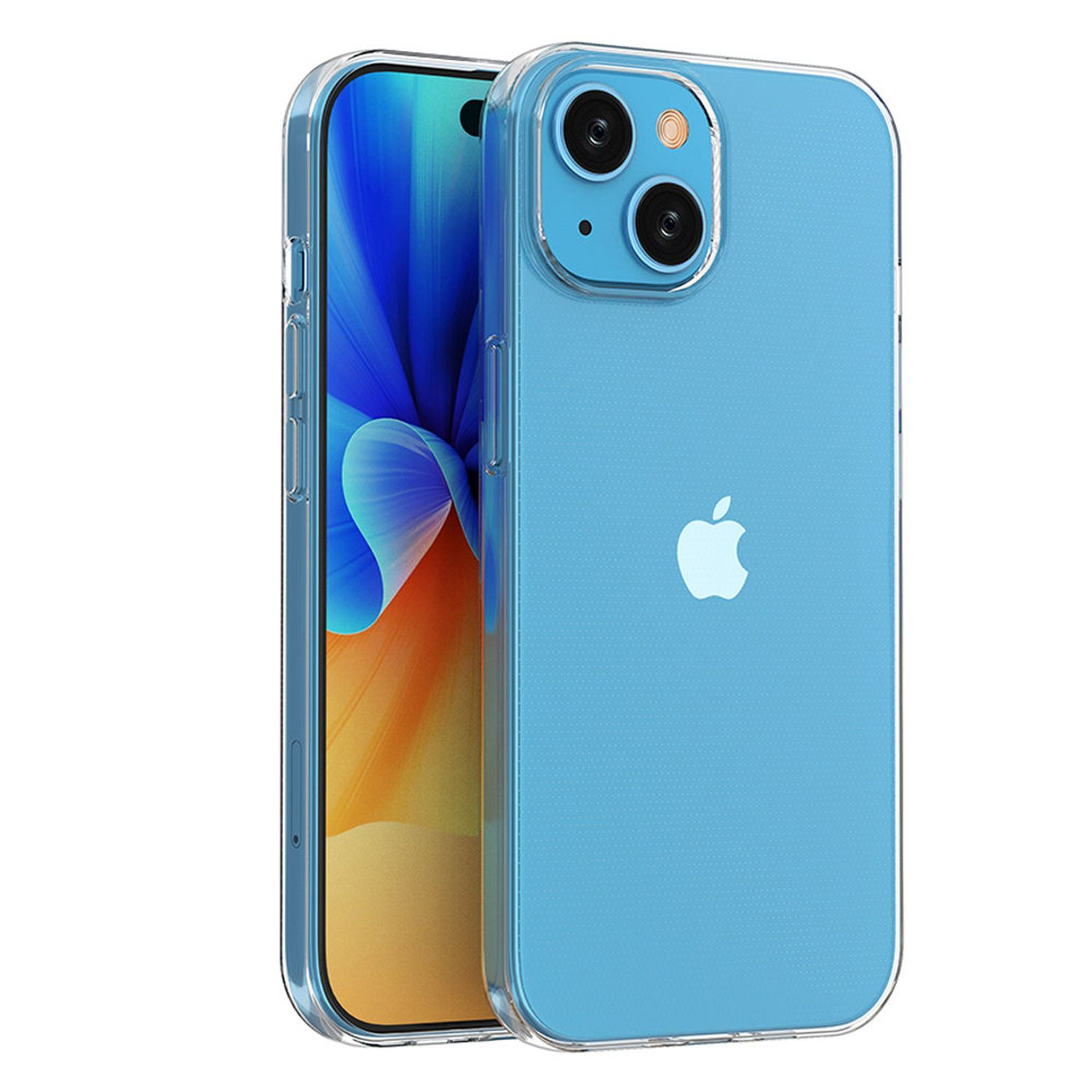 Blaue Handyhülle mit durchsichtigem Rücken und transparentem Rahmen. Apple-Logo sichtbar.