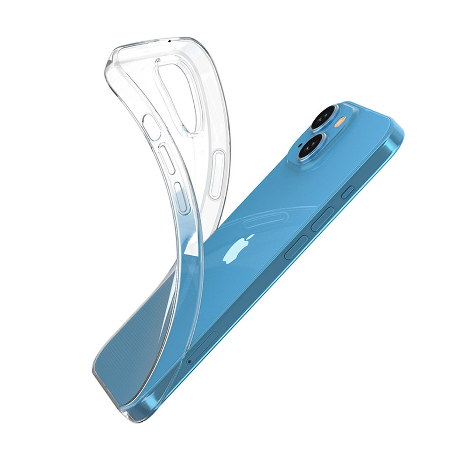 Blaues Smartphone mit angehobener Schutzhülle, zeigt Rückseite und Kamera des Telefons.