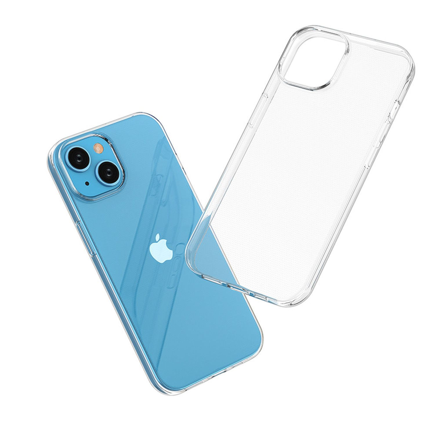 Ein blaues Telefon mit einer durchsichtigen Hülle daneben, auf weißem Hintergrund.