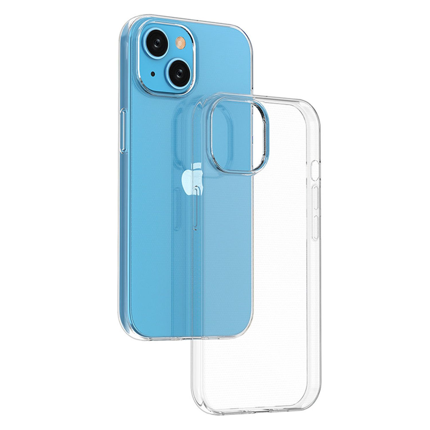 Ein blaues iPhone mit zwei Kameras und einer durchsichtigen Handyhülle. Die Hülle ist separat.