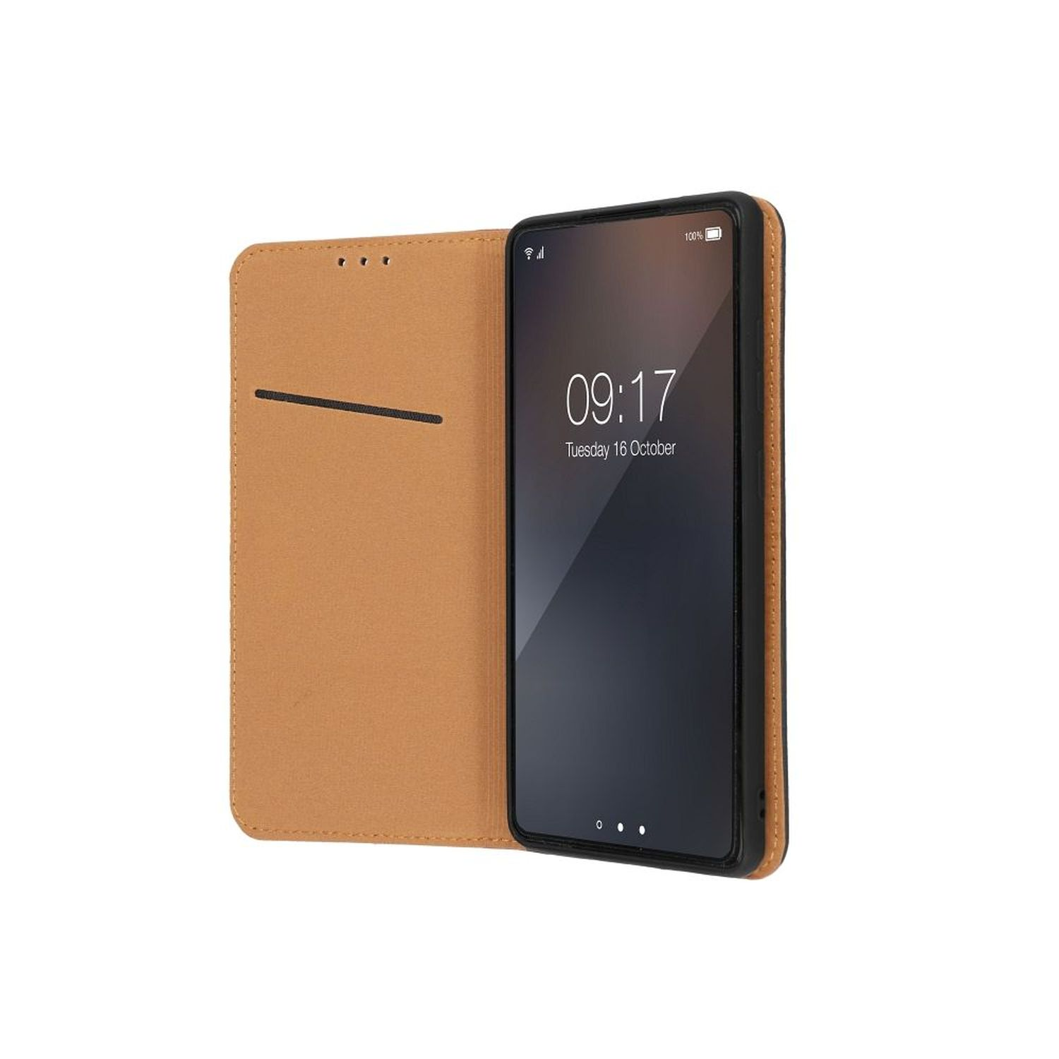 Smartphone in brauner Lederhülle, geöffnet, um den Bildschirm mit der Uhrzeit 09:17 am 16. Oktober zu zeigen.