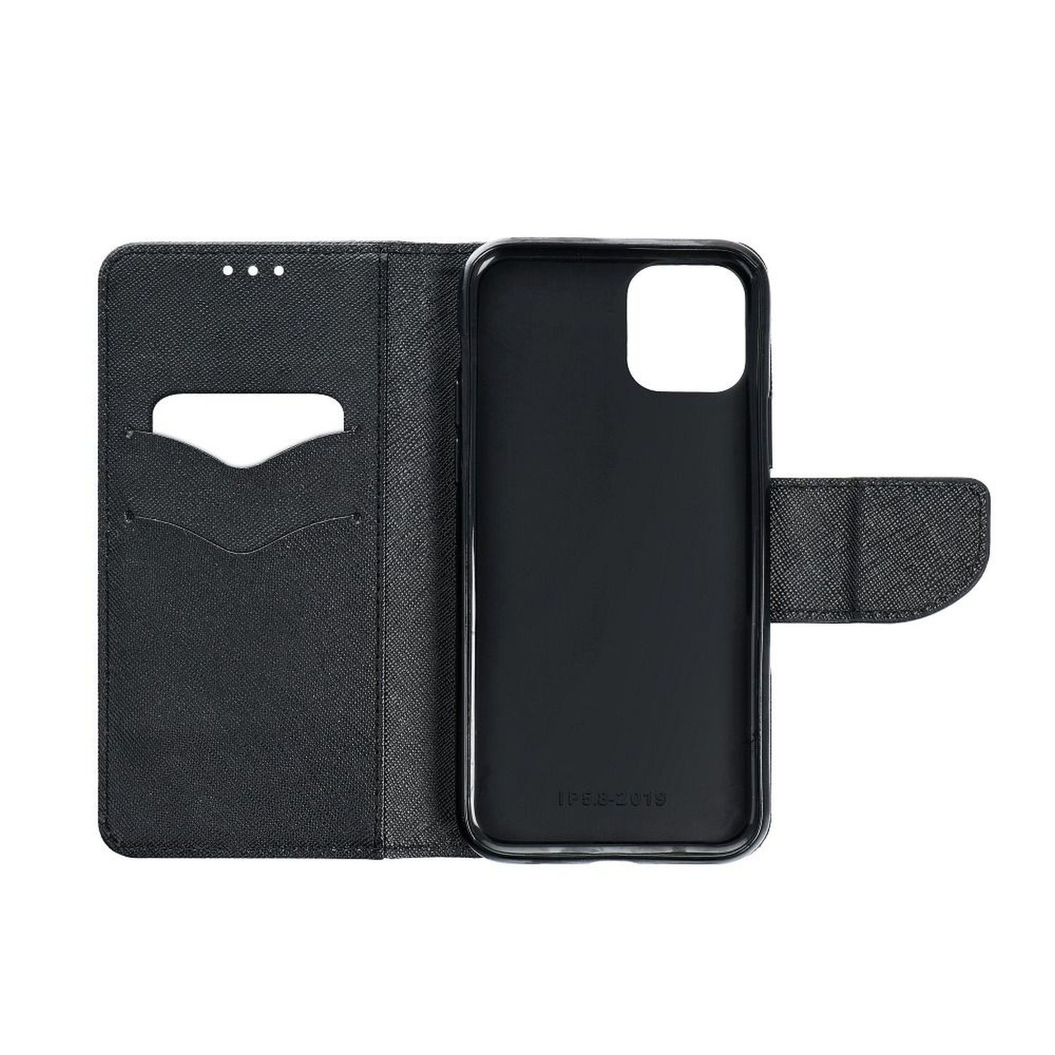 Schwarze Leder-Handyhülle, offen, mit Taschen und einem Telefonhalter.