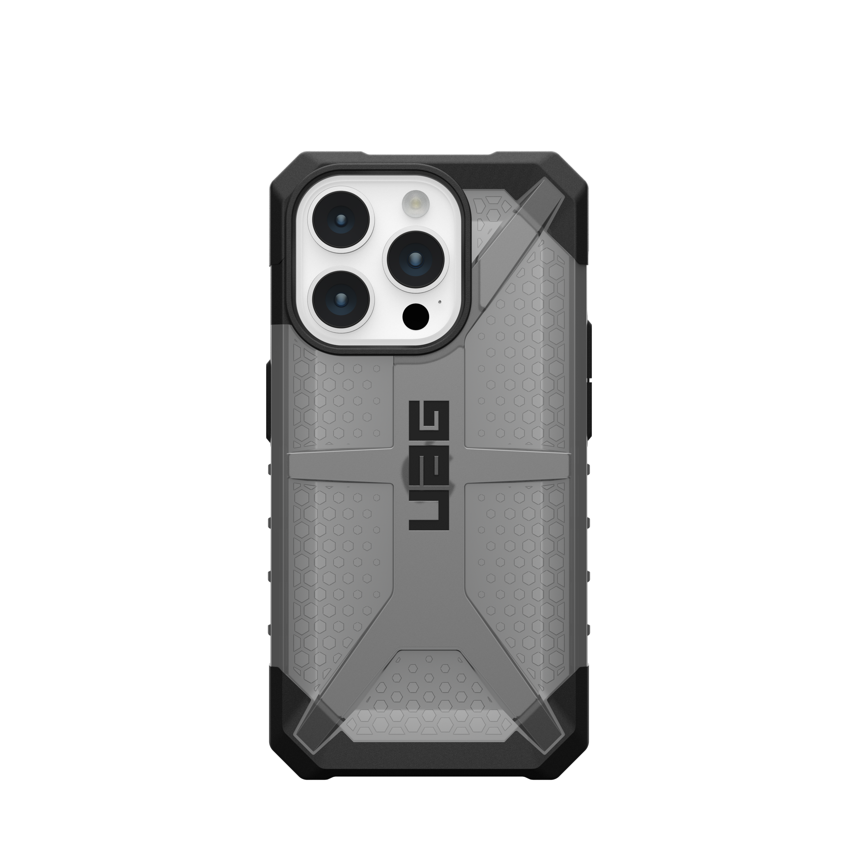 Graue iPhone-Hülle mit Kamerabuckel und UAG-Logo. Vor schlichtem schwarzen Hintergrund.