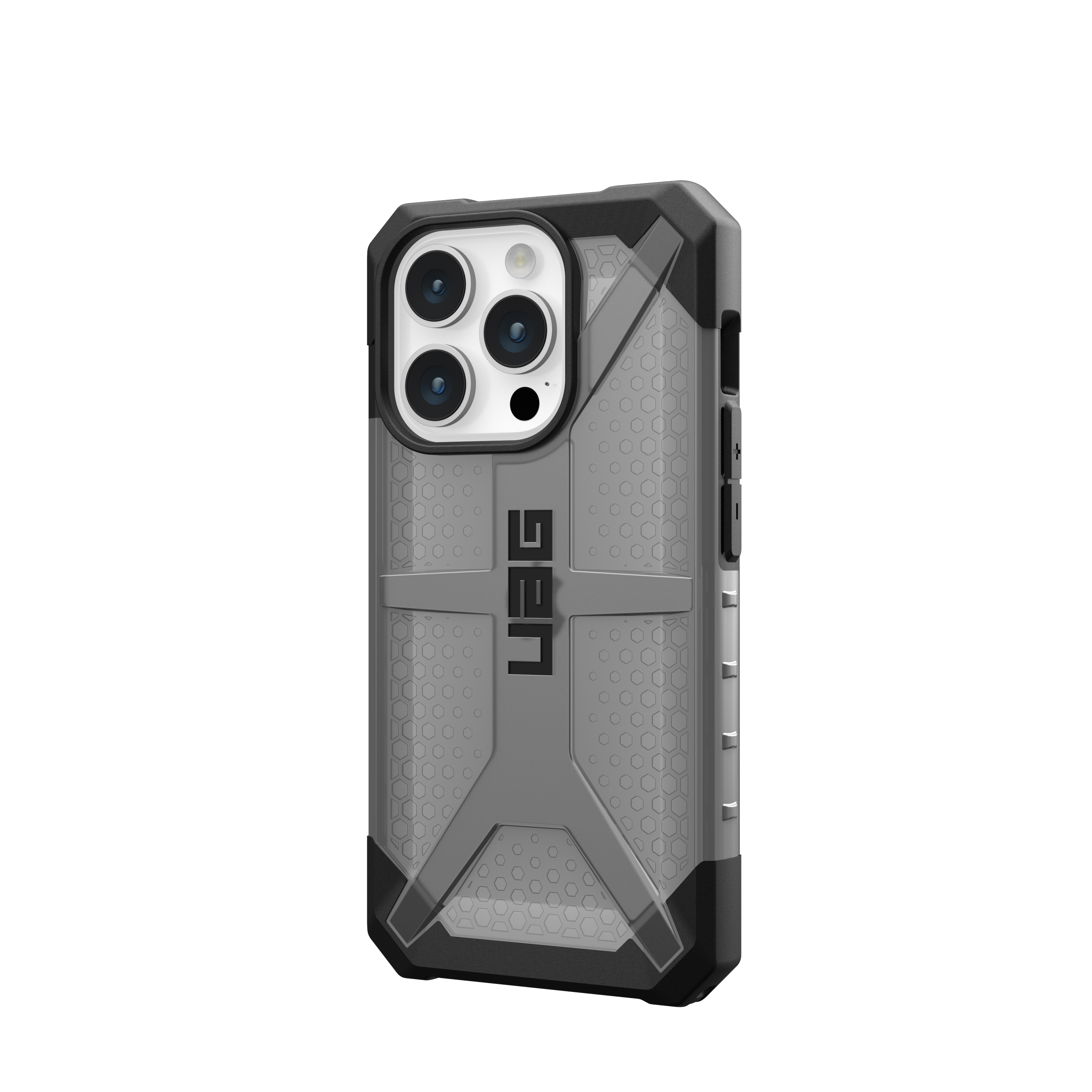 Handyhülle auf Schwarz. Graue Rückseite mit schwarzen Akzenten, UAG-Logo.