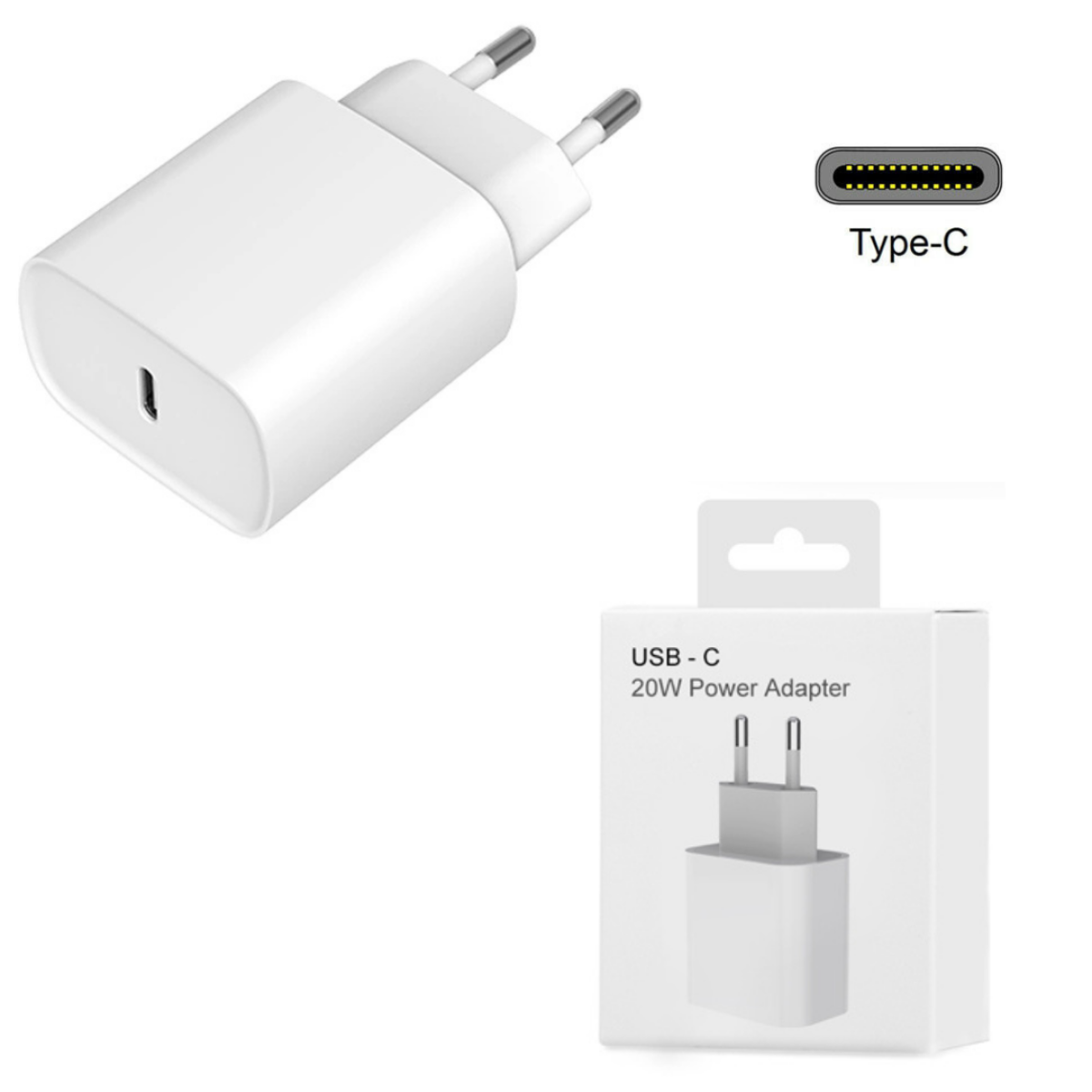 Weißes USB-C-Netzteil mit Stiften. Box zeigt eine ähnliche Ansicht. Text sagt USB-C 20W Netzteil.