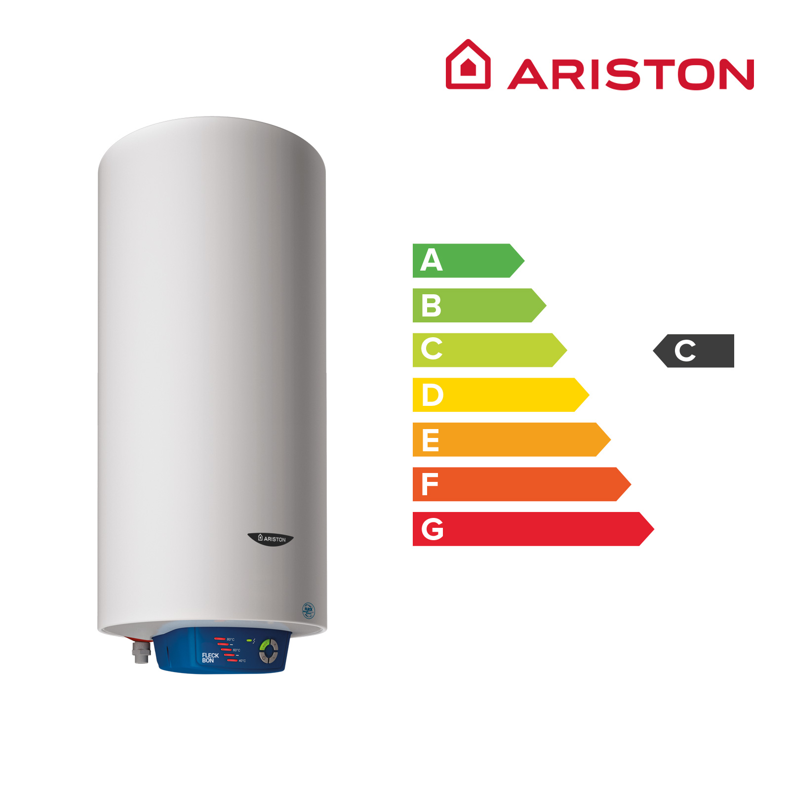 Un calentador de agua blanco con una tabla de clasificación energética y el logotipo ARISTON.