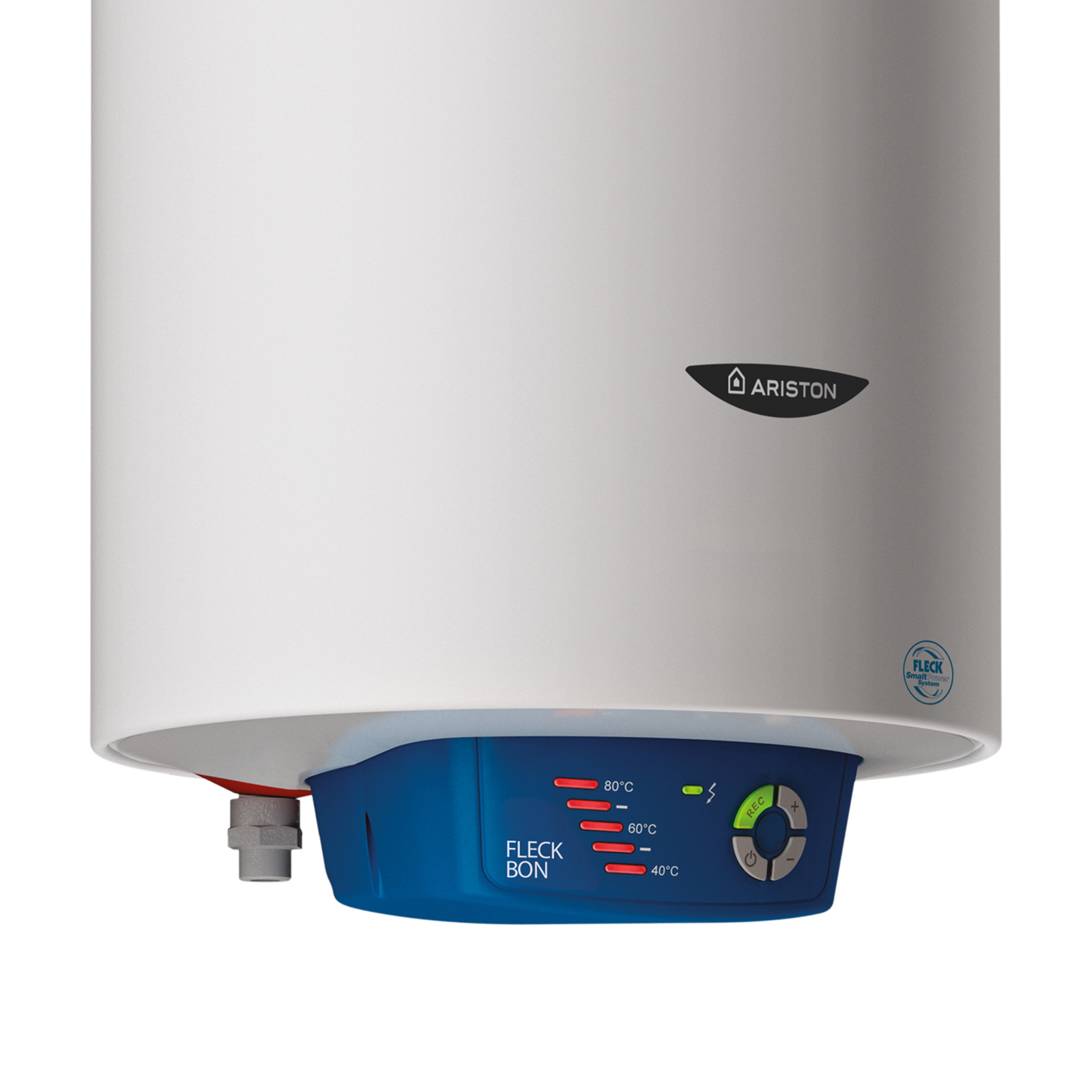Calentador de agua blanco con panel de control azul y logotipo Ariston.