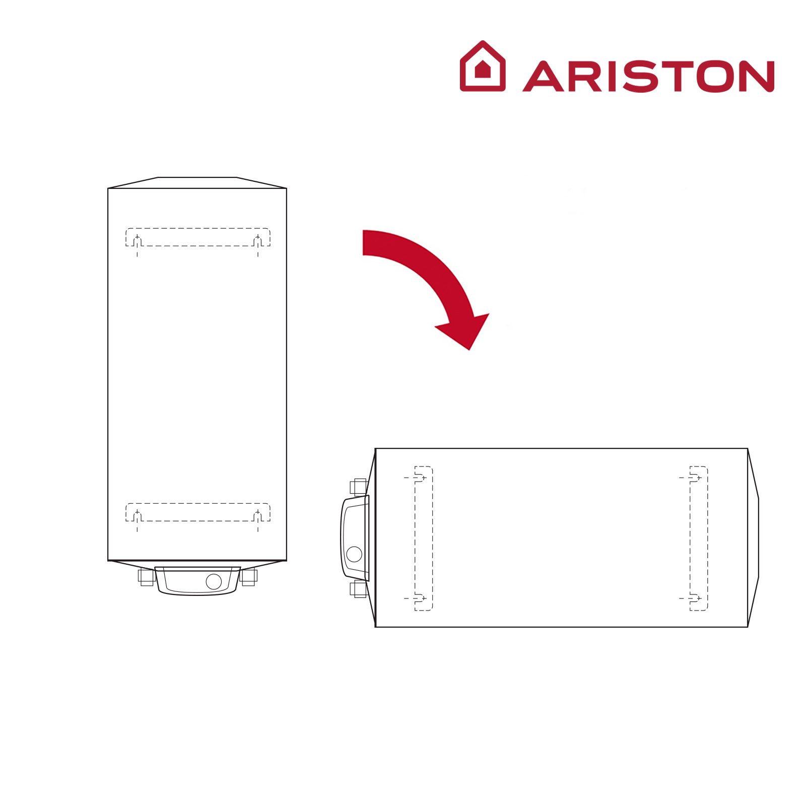 Se muestra un calentador de agua Ariston. Uno en orientación vertical y otro horizontal.