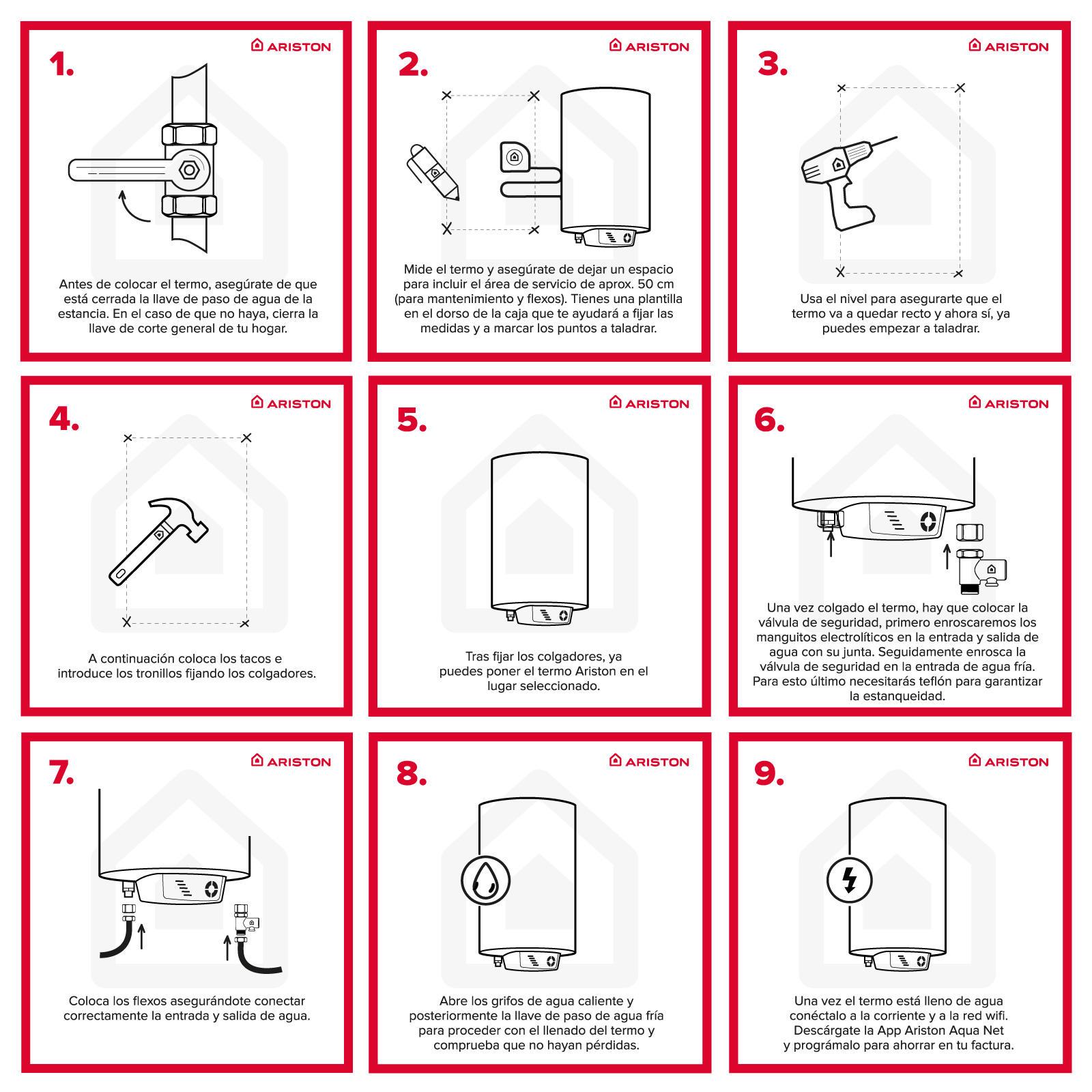 Instrucciones ilustradas de nueve pasos para instalar un calentador de agua, incluido un diagrama de las piezas.