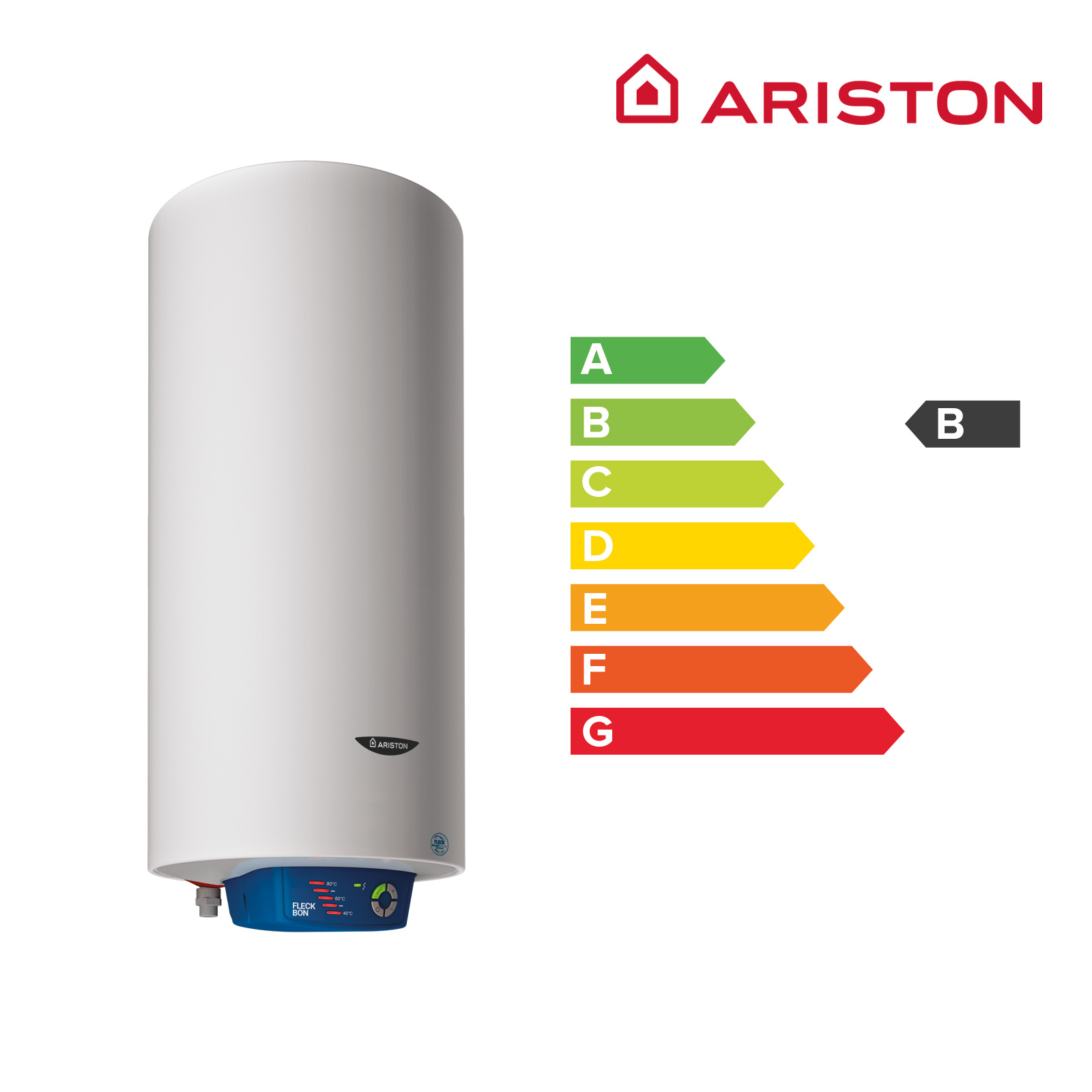 Calentador de agua blanco. Etiquetas de eficiencia energética. Logotipo de Ariston. Panel de control azul.
