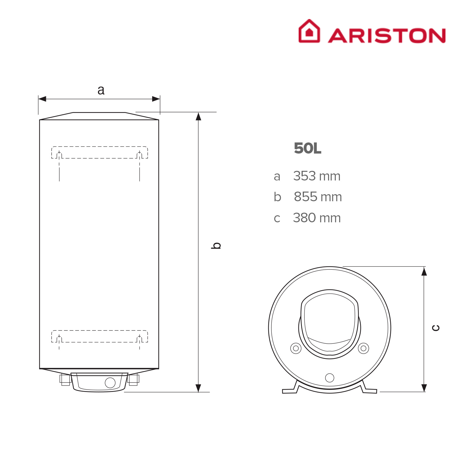 Diagrama de un calentador de agua con dimensiones y el logo de Ariston. Fondo blanco.
