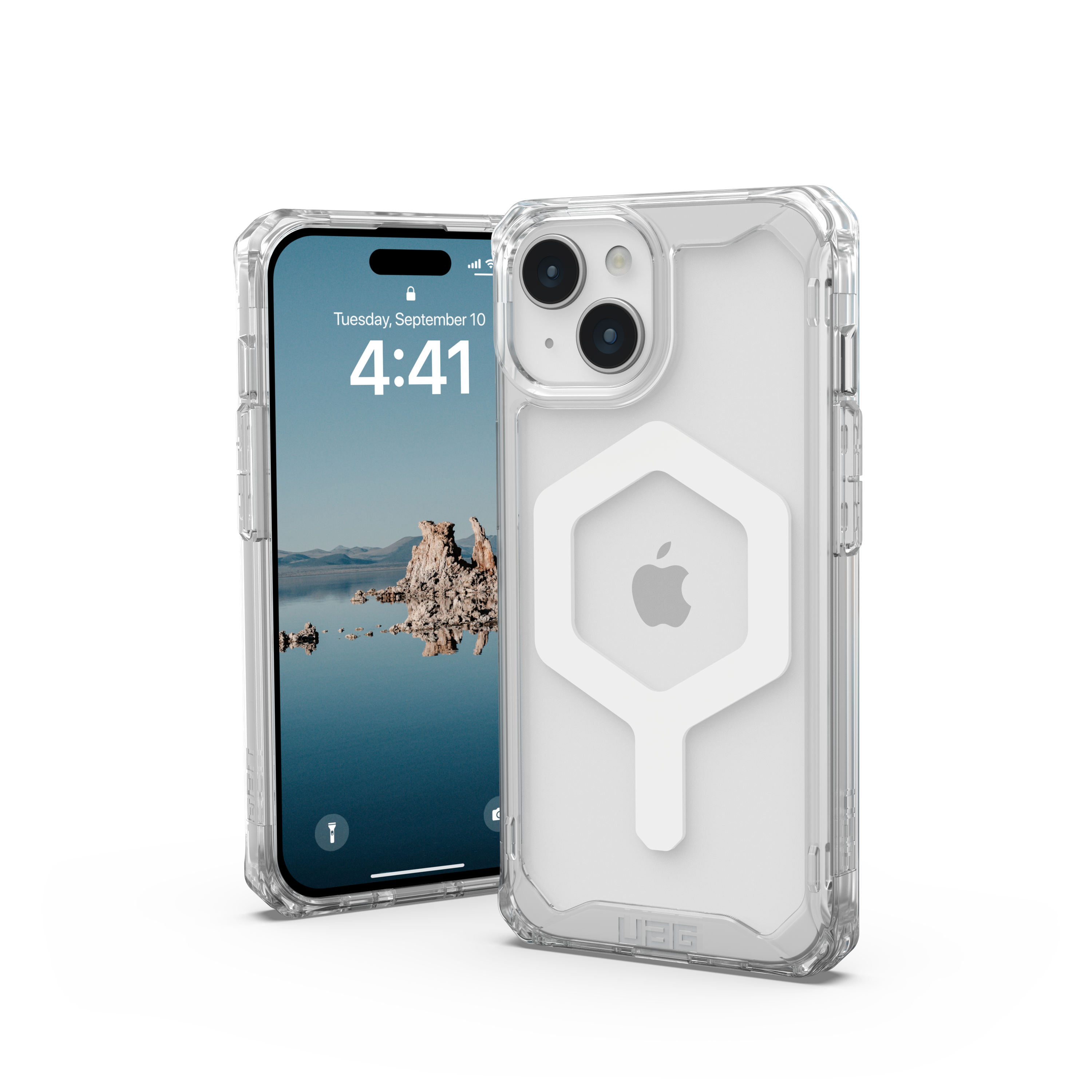 Transparente Handyhülle auf einem Telefon mit Datums- und Zeitanzeige. Die Hülle hat ein Sechseck-Design.