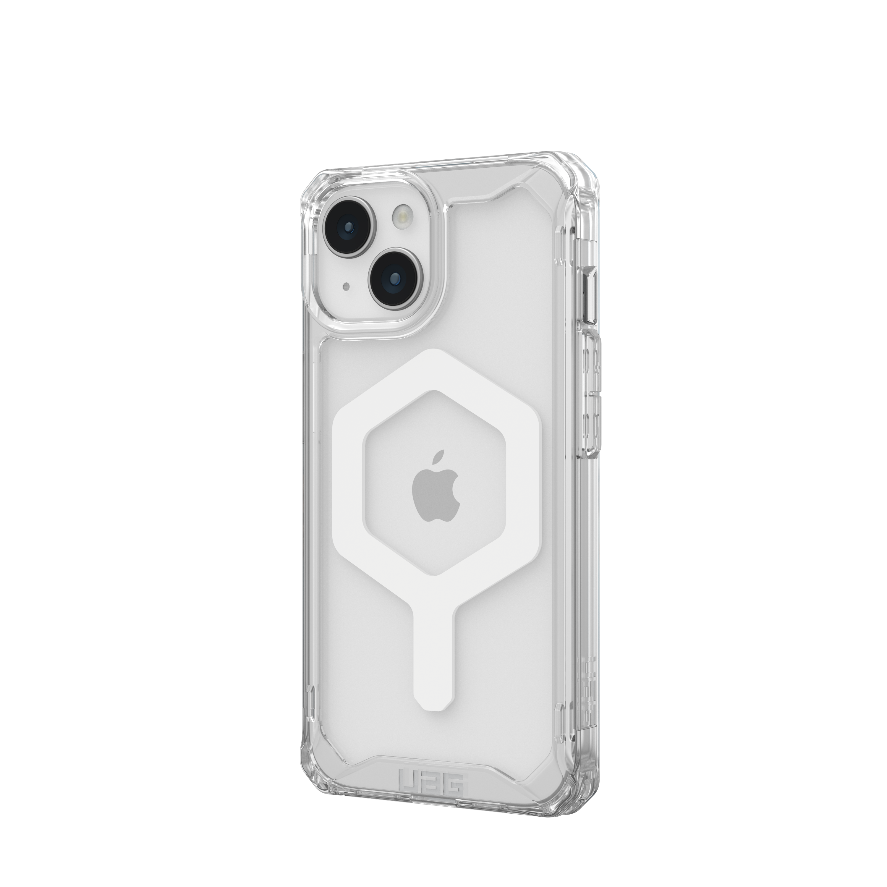 Custodia trasparente per iPhone con attacco magnetico esagonale bianco.