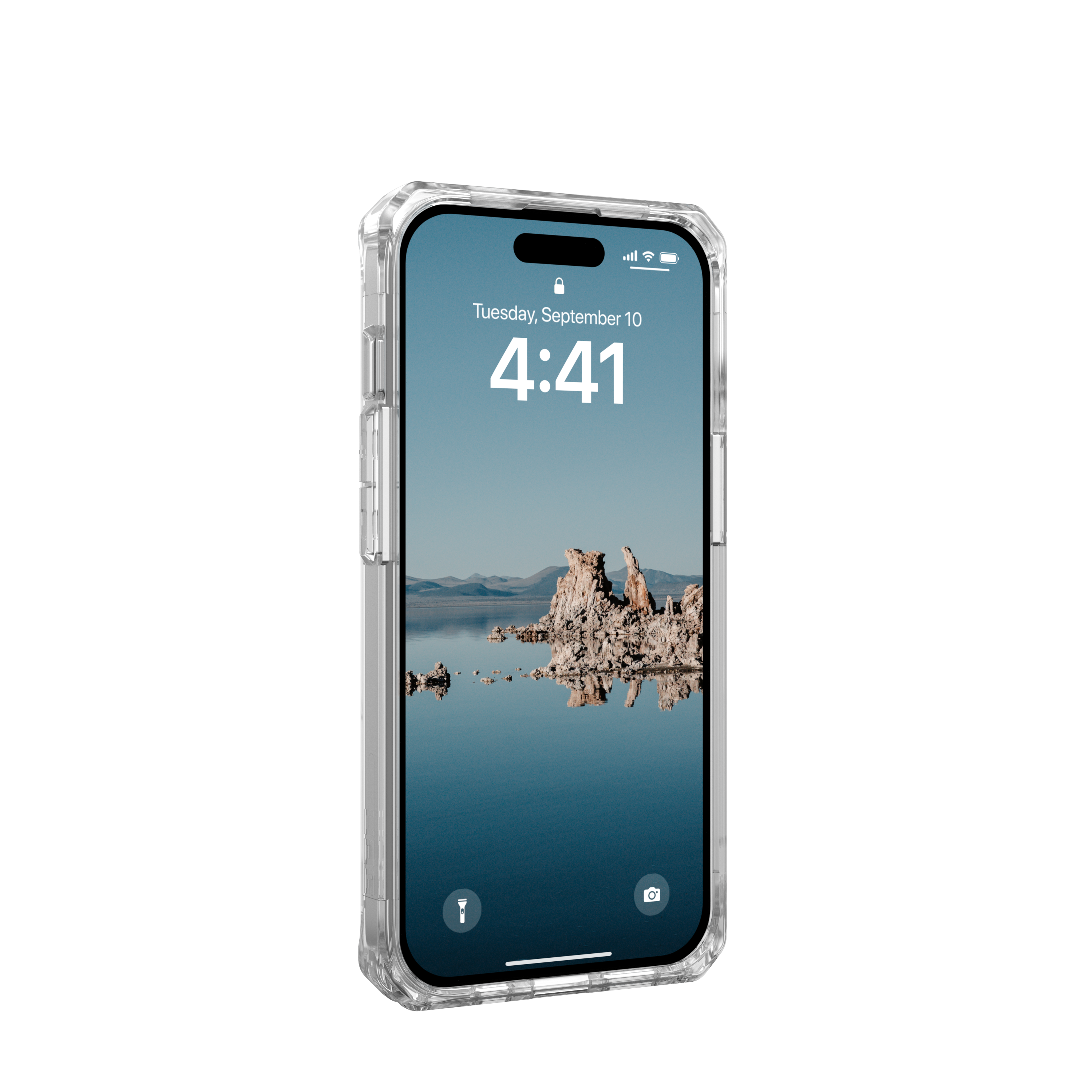 Telefono in una custodia trasparente. Lo schermo mostra un lago e una scena di montagna con l'ora.