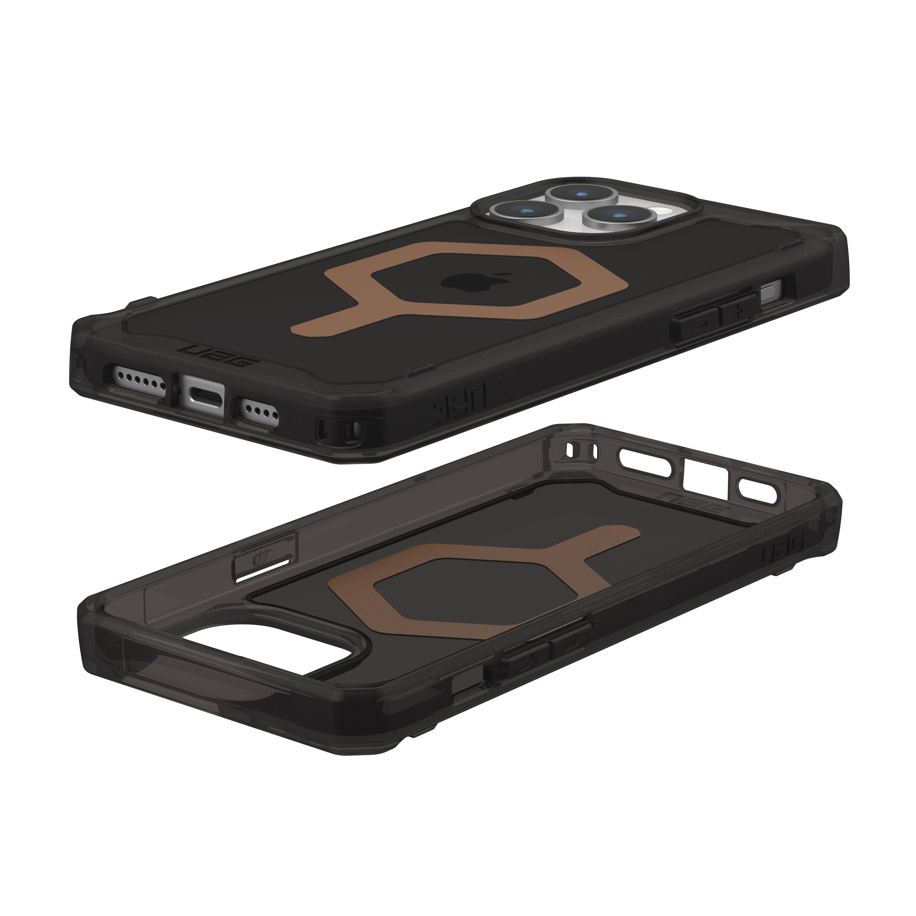 Custodia per telefono nera con design marrone e logo UAG. Mostrata in due parti, sopra e sotto.