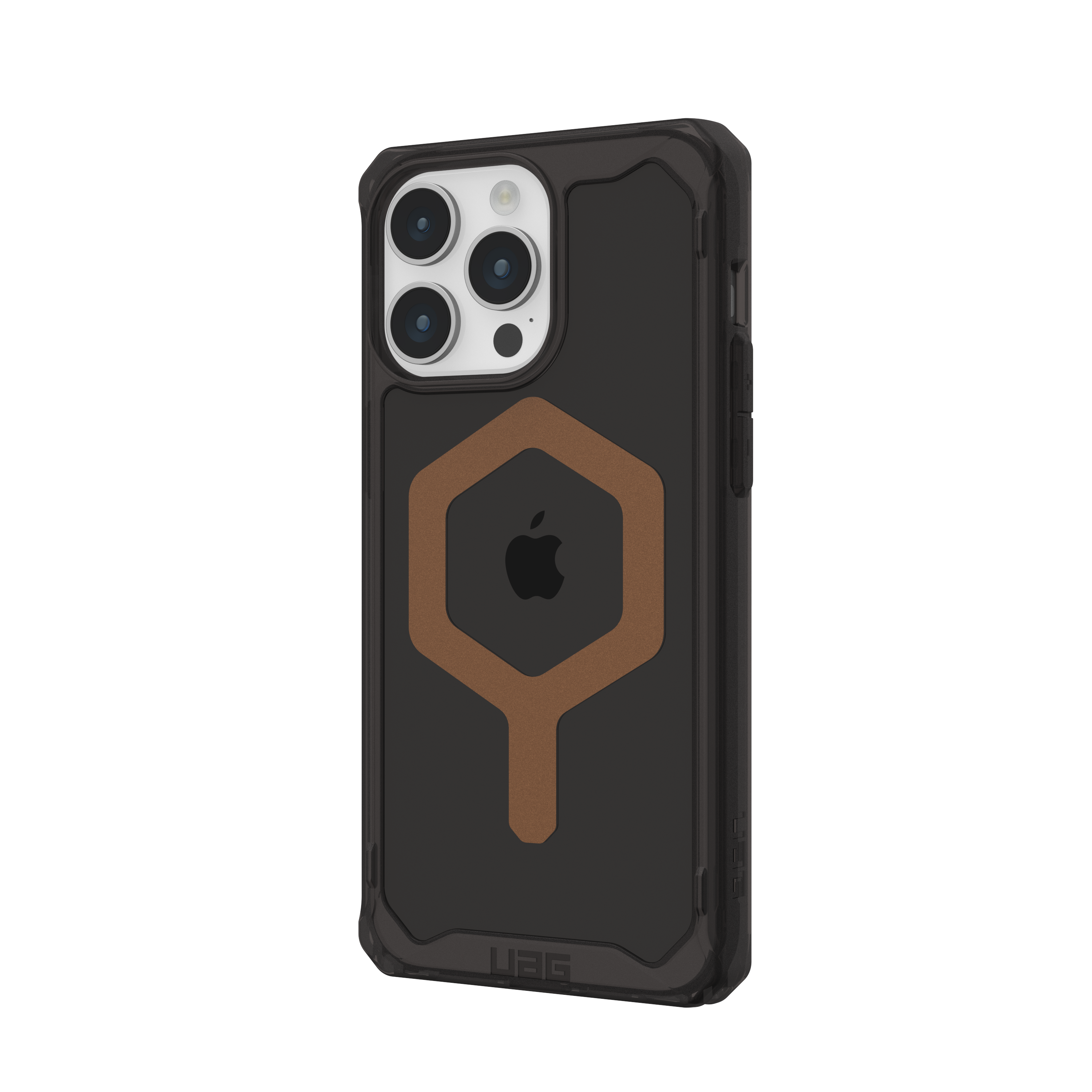 Custodia per iPhone nera con esagono marrone, ritaglio logo Apple e marchio UAG, sfondo nero.
