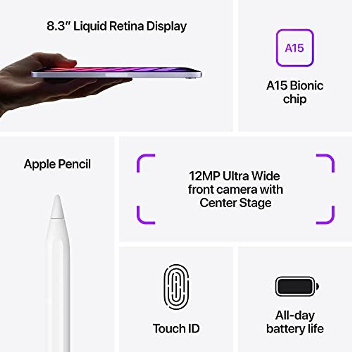 Ein iPad mit Annotationen: Display, Chip, Kamera, Stift und Akkulaufzeit.
