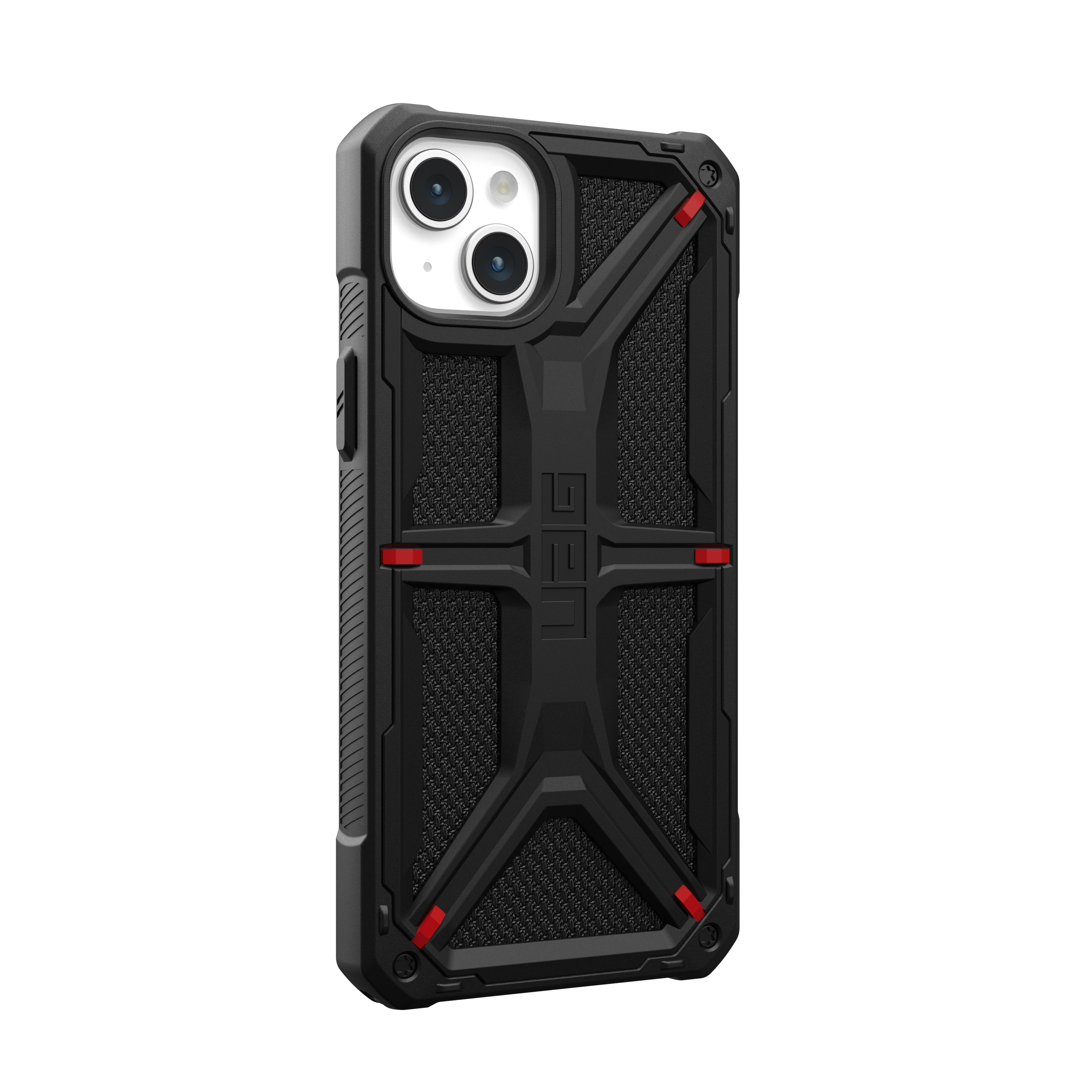 Custodia nera per telefono con design geometrico e dettagli rossi.