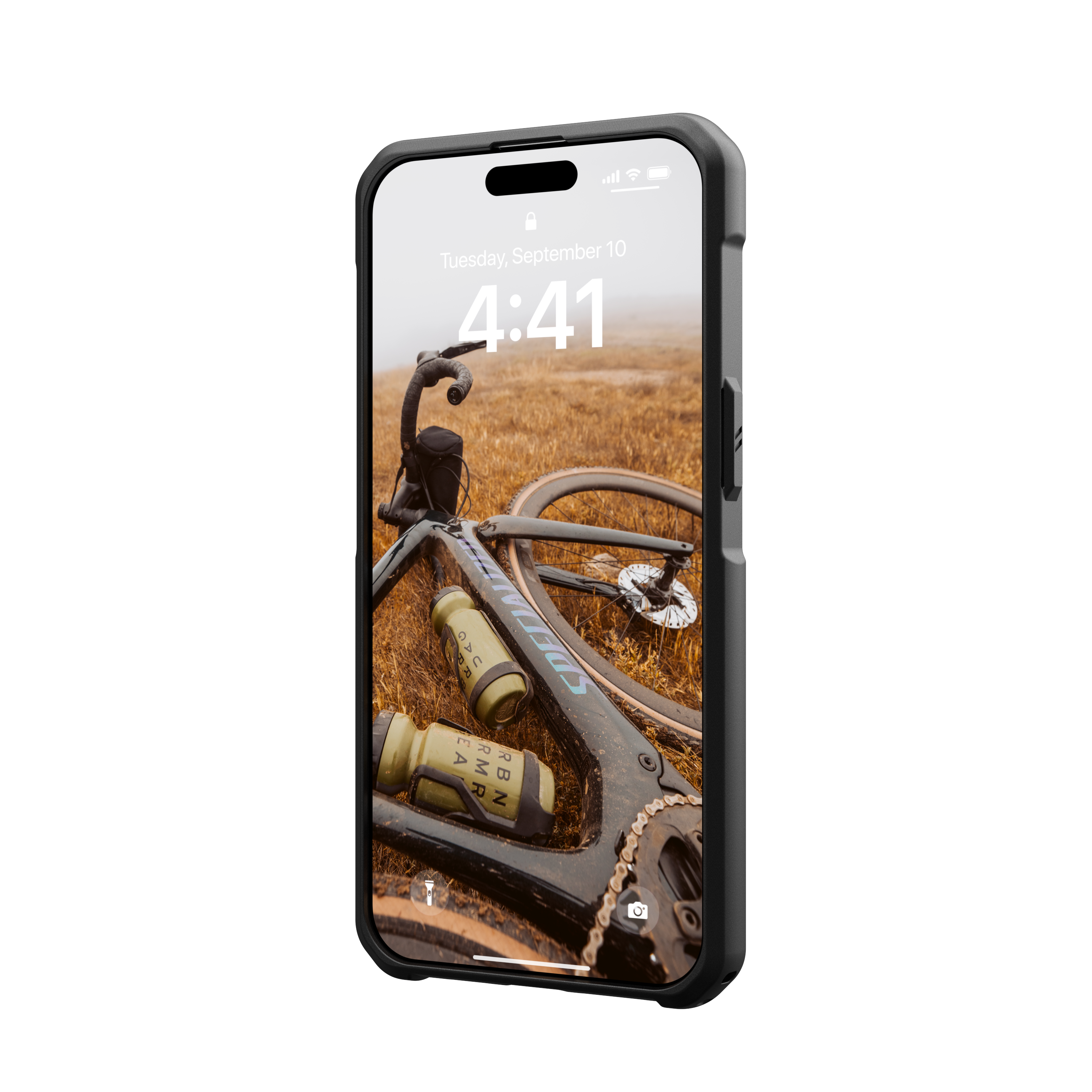 Telefon mit Fahrradbild auf dem Bildschirm. Das Telefon befindet sich in einer schwarzen Hülle und wird gehalten.