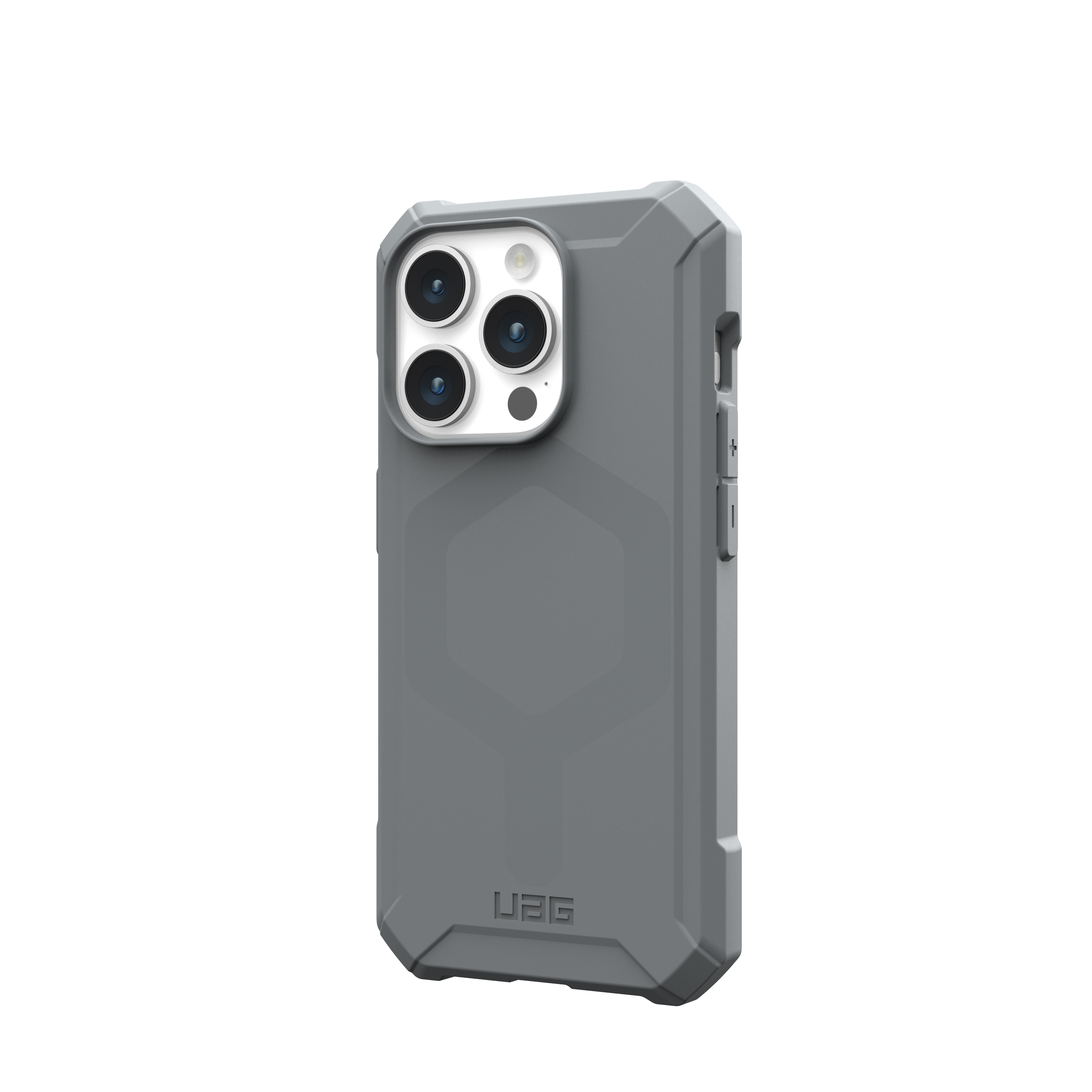 Eine graue Handyhülle mit mehreren Kameraausschnitten, robustem Design und UAG-Logo unten.