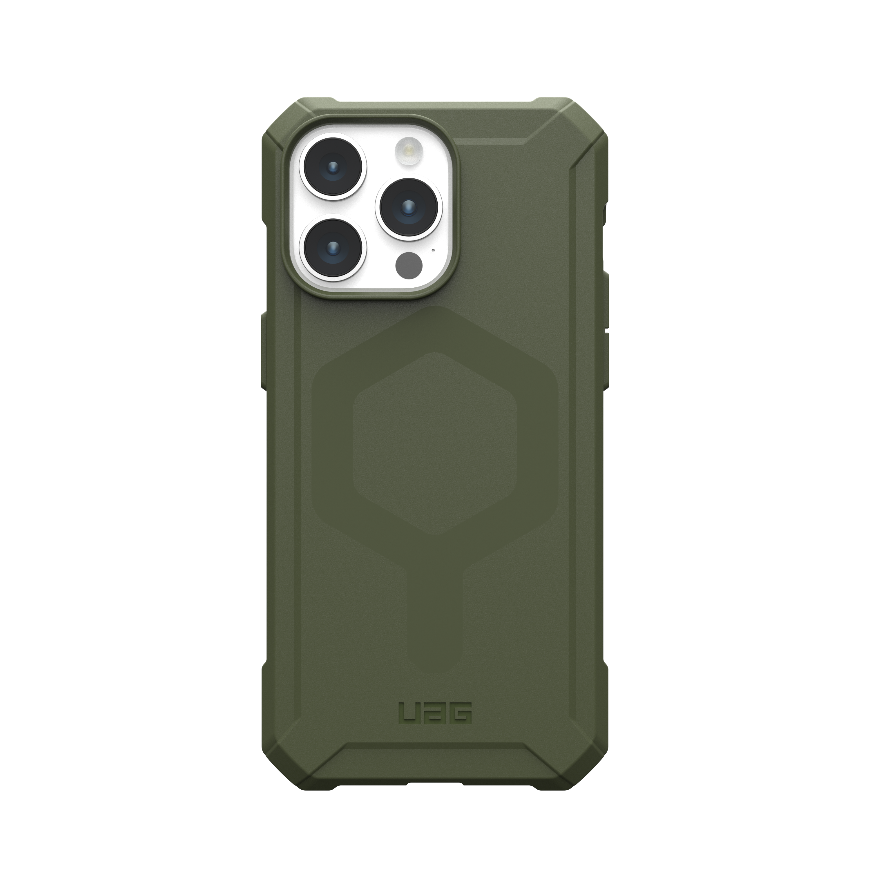 Funda verde para teléfono con recortes de cámara y patrón hexagonal sobre fondo negro.