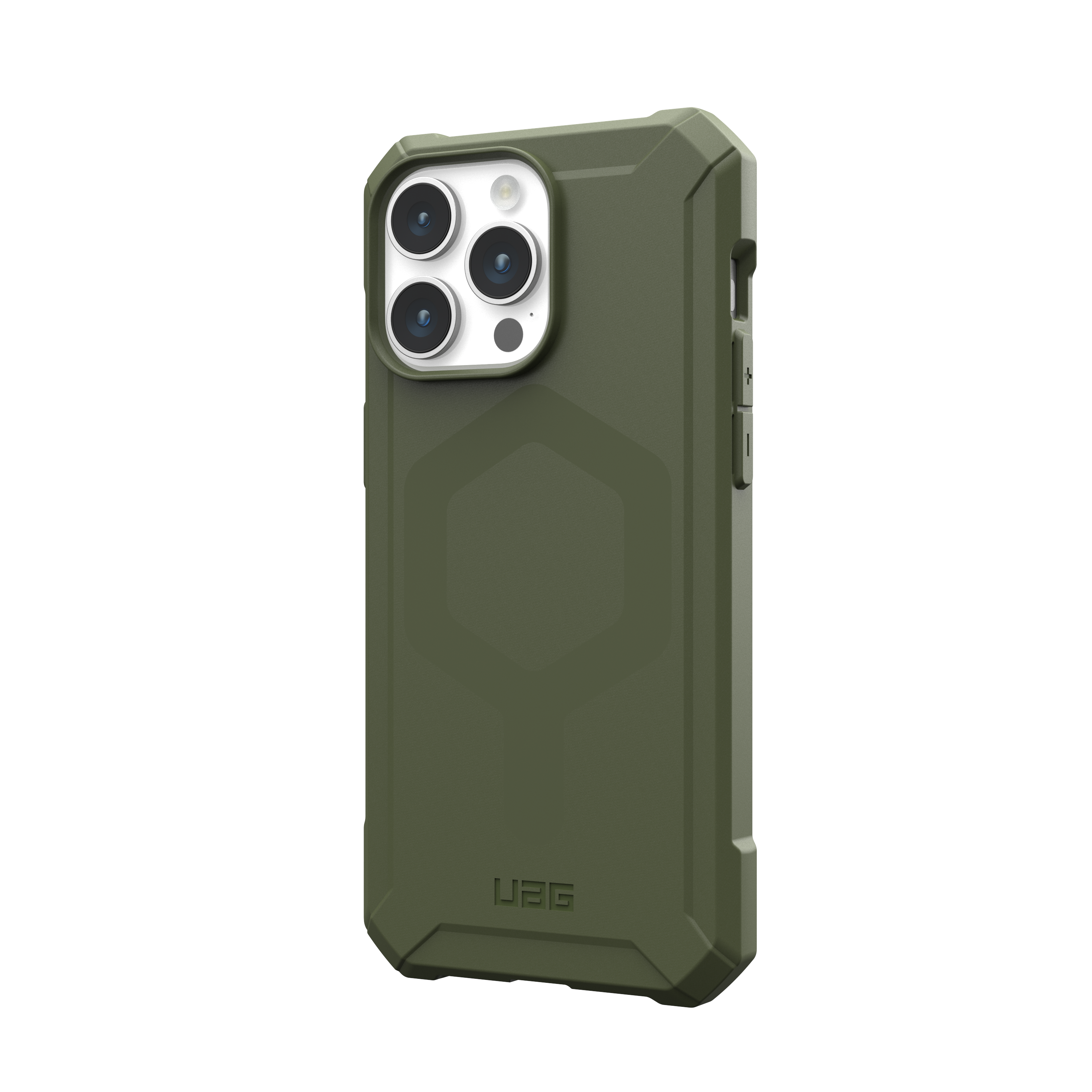 Funda verde para teléfono con diseño robusto. La parte trasera tiene un recorte de cámara y el logo UAG.
