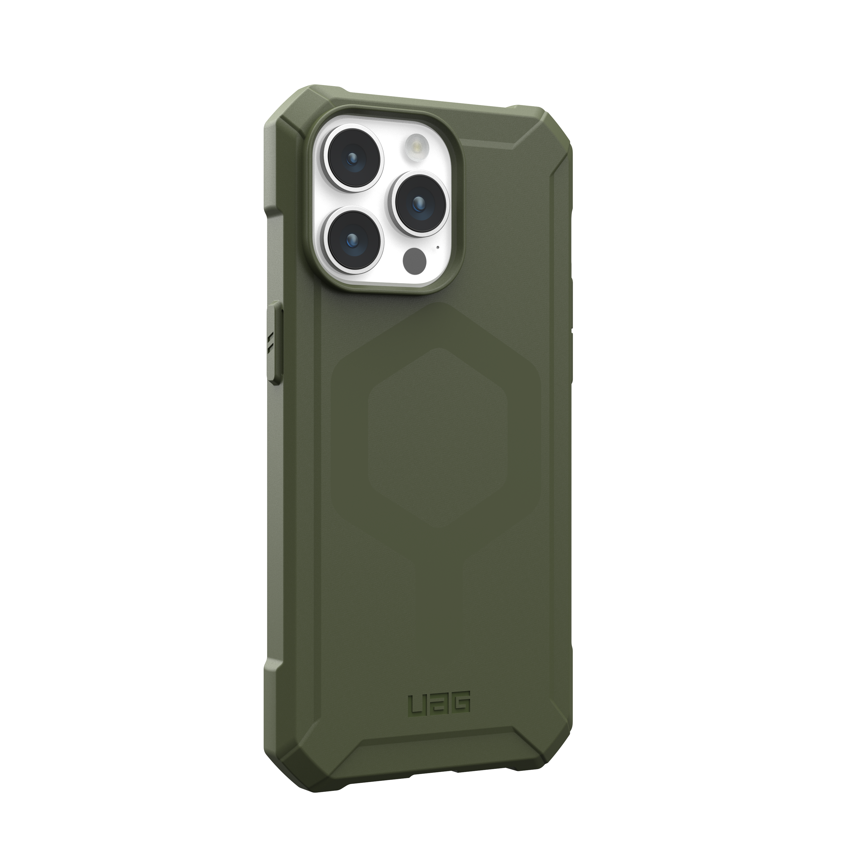 Una funda de teléfono verde oliva con un diseño robusto y un logotipo UAG.