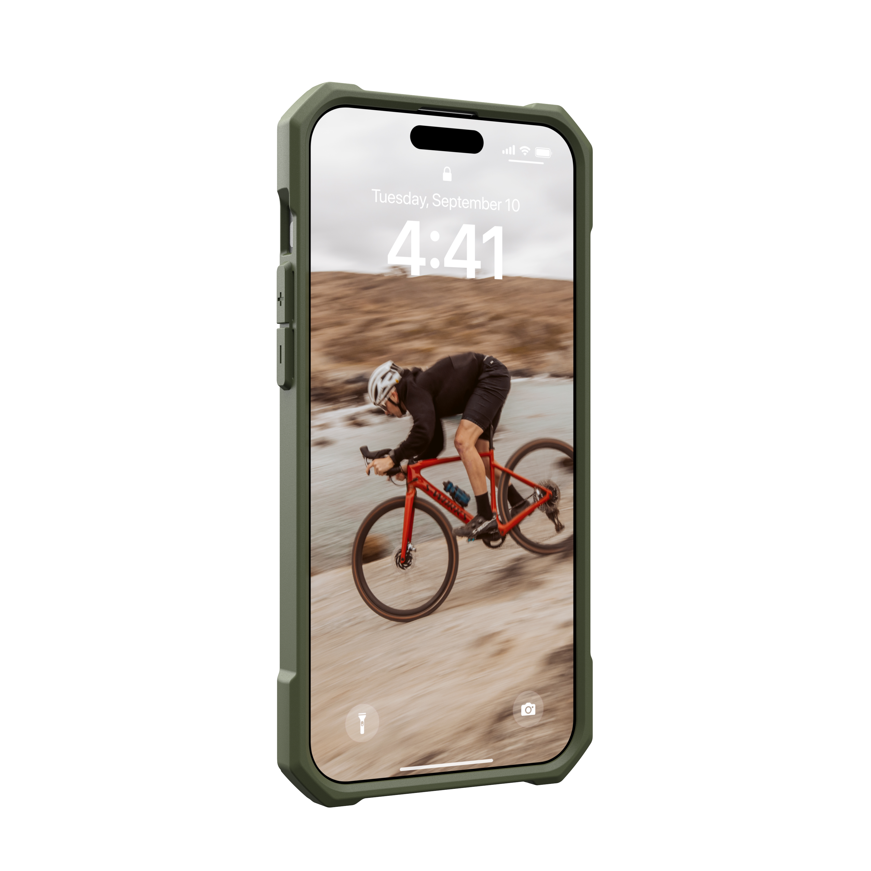 Smartphone en una funda verde, con un ciclista en la pantalla.