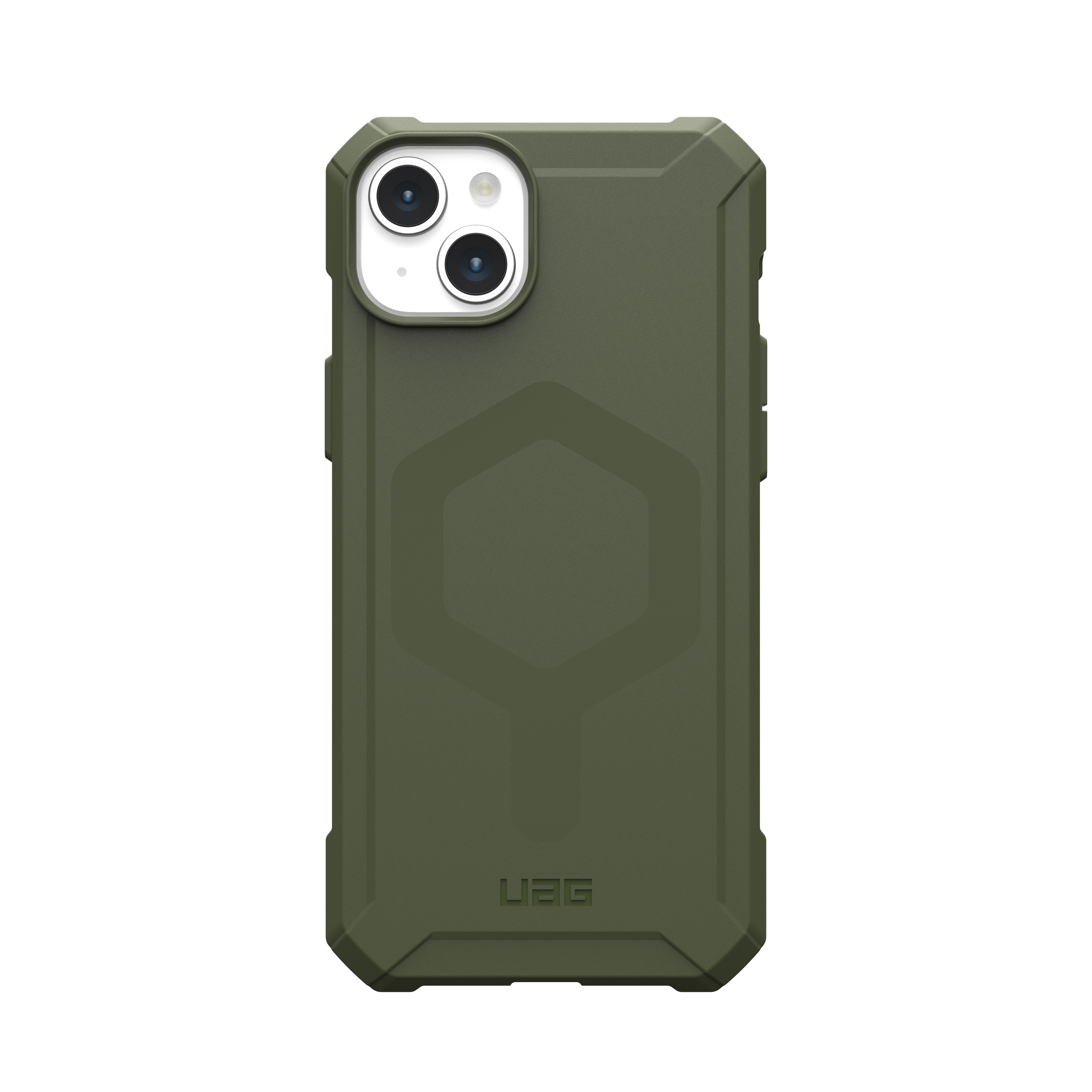 Green phone case with a rugged design. The UAG logo is visible on the back.