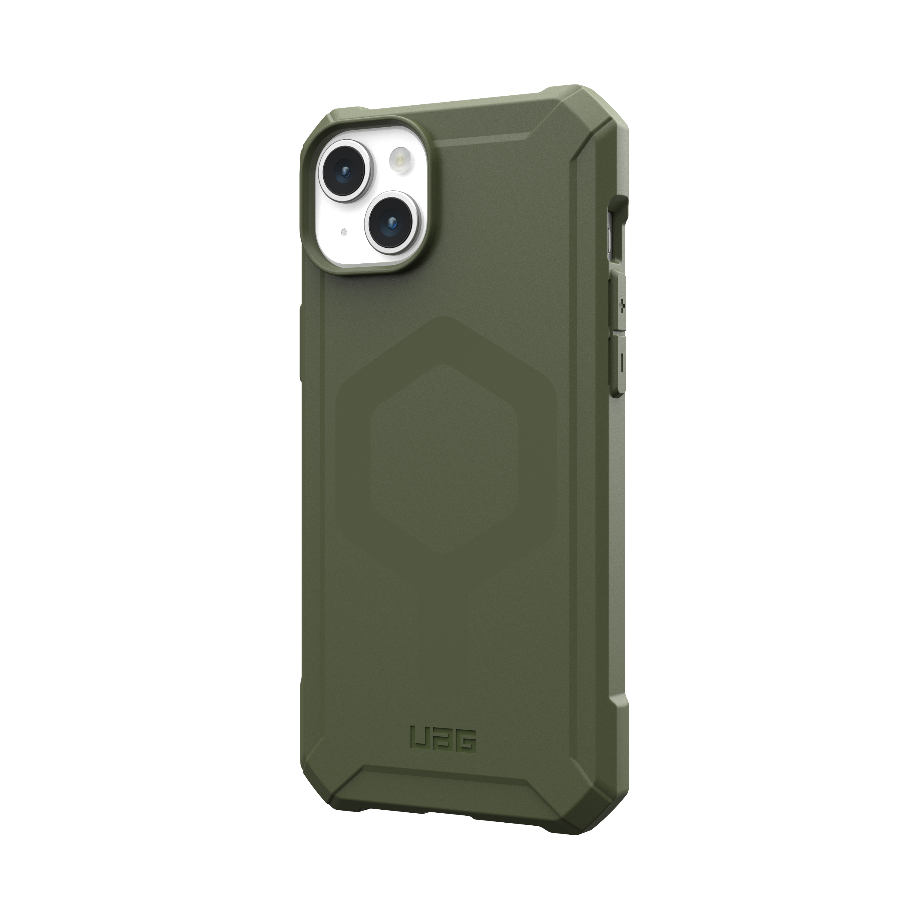 Olive green phone case, showing the back and side. Black background.