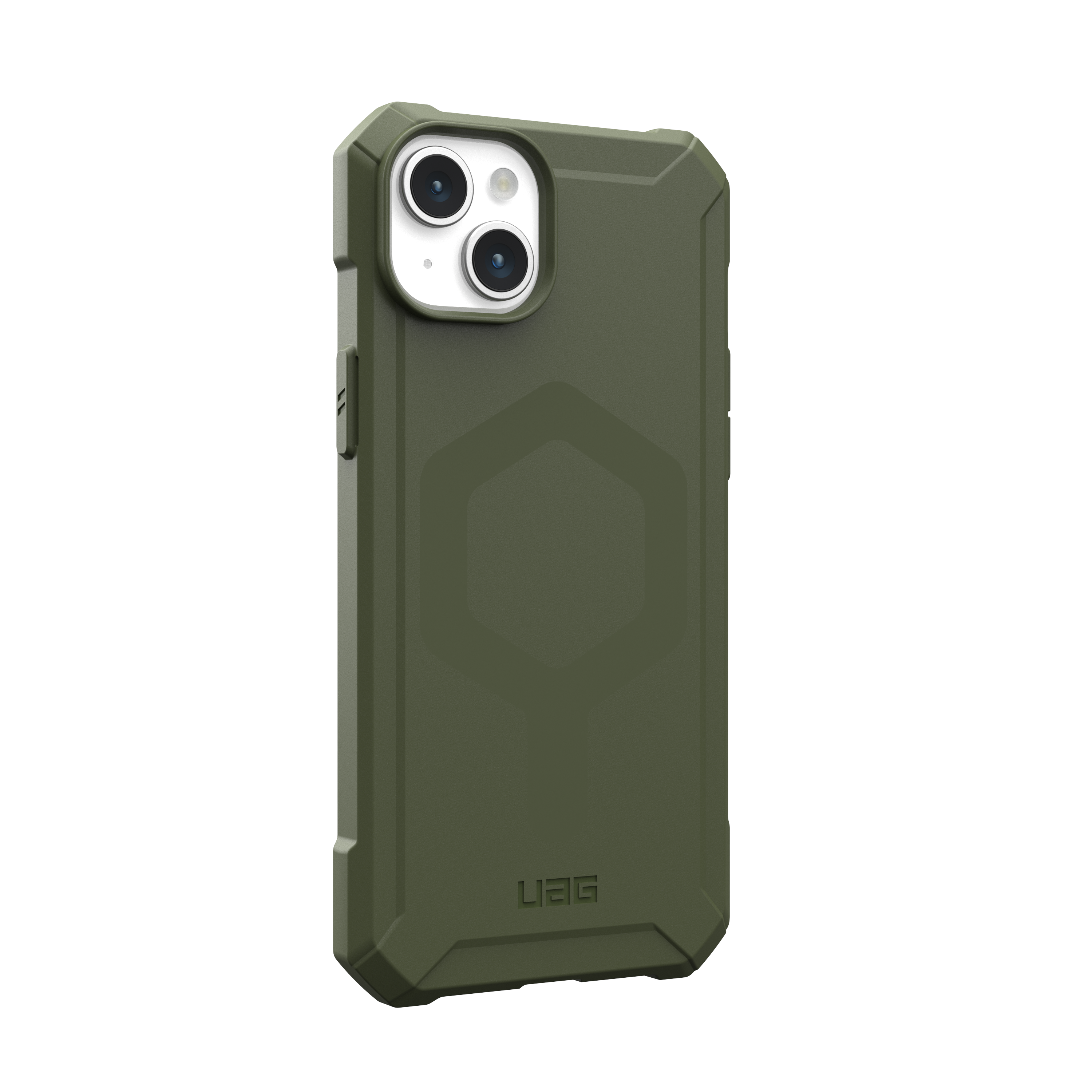 An olive-green phone case on a black background. The case features a hexagon design and the UAG logo.