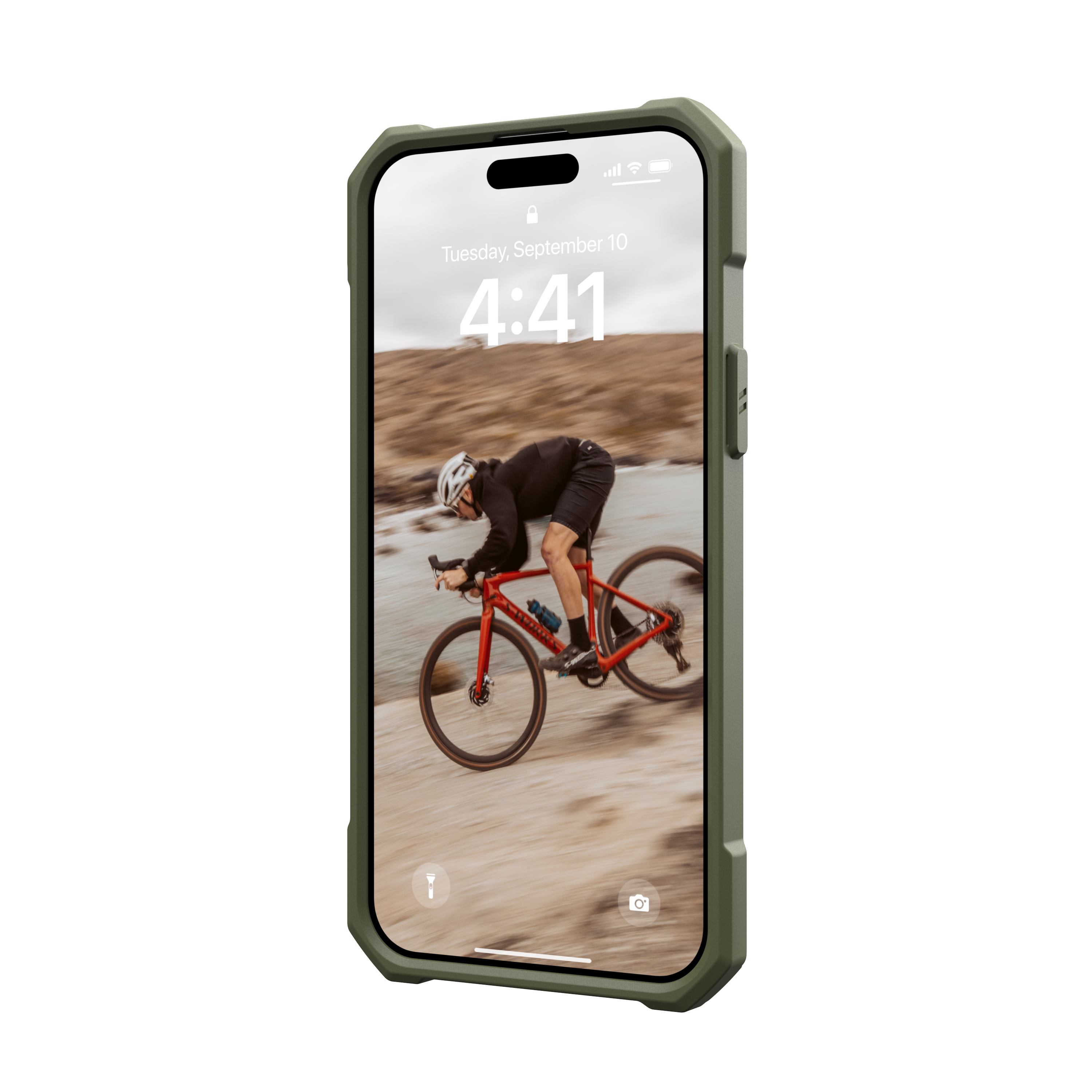 A phone inside a protective case, displaying a cyclist on a mountain bike. The date is September 10.