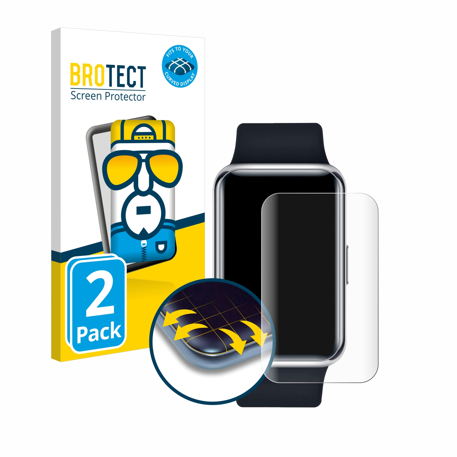 Uhr mit Displayschutzfolie und Schachtel mit Displayschutzfolienverpackung, auf weißem Grund.