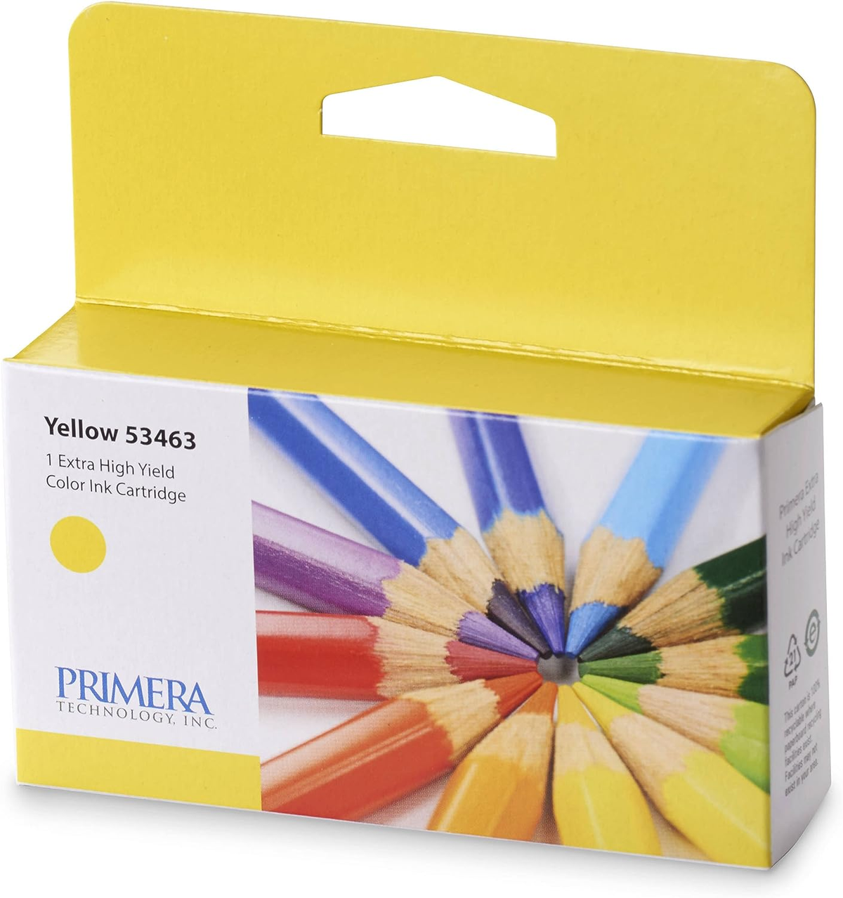 Scatola di cartucce d'inchiostro gialle con matite colorate disposte a cerchio.