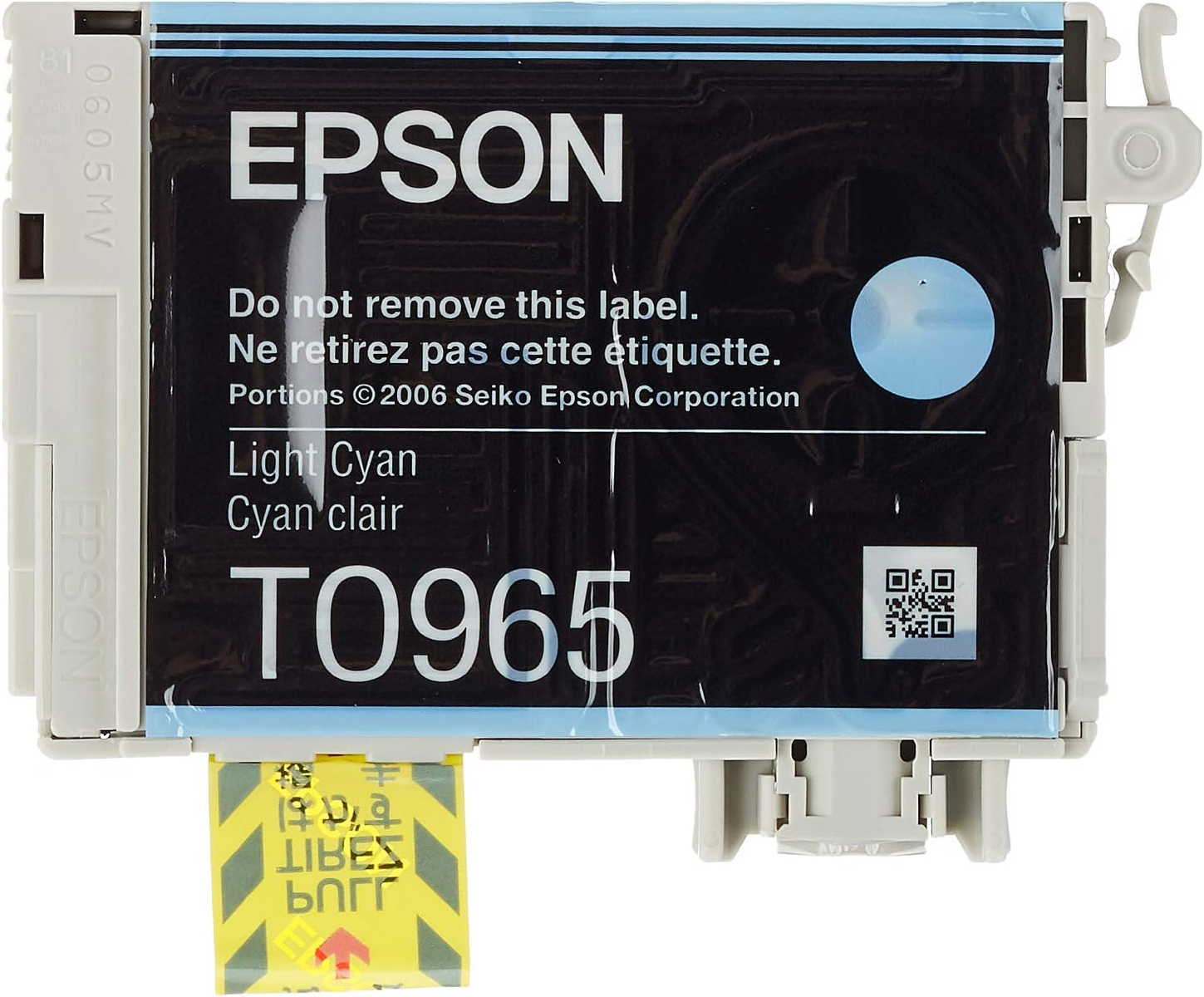 Cartuccia d'inchiostro Epson, ciano chiaro, con etichetta, testo e codice QR.