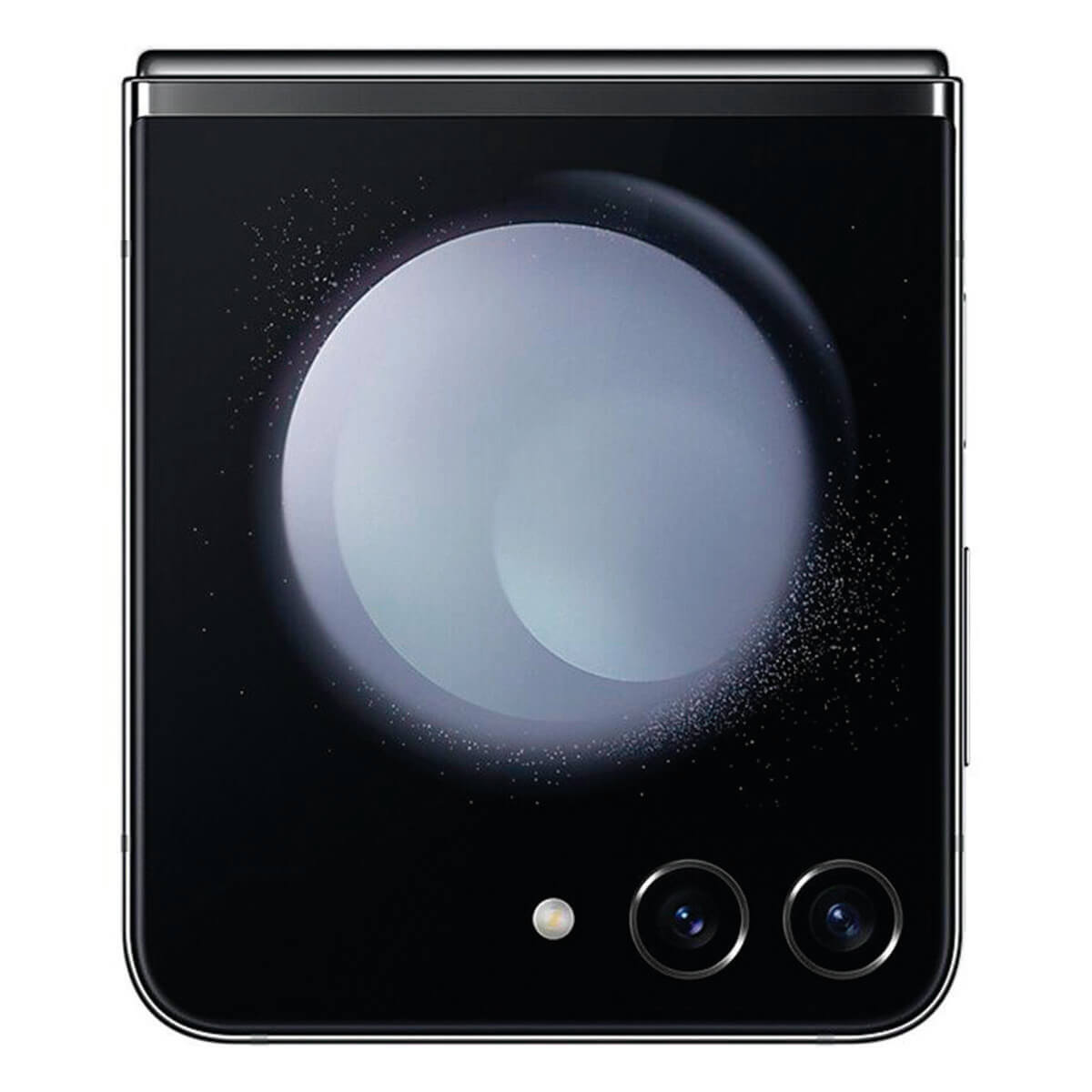 Zamknięty czarny telefon z klapką wyświetla ekran z motywem galaktyki i dwa aparaty.