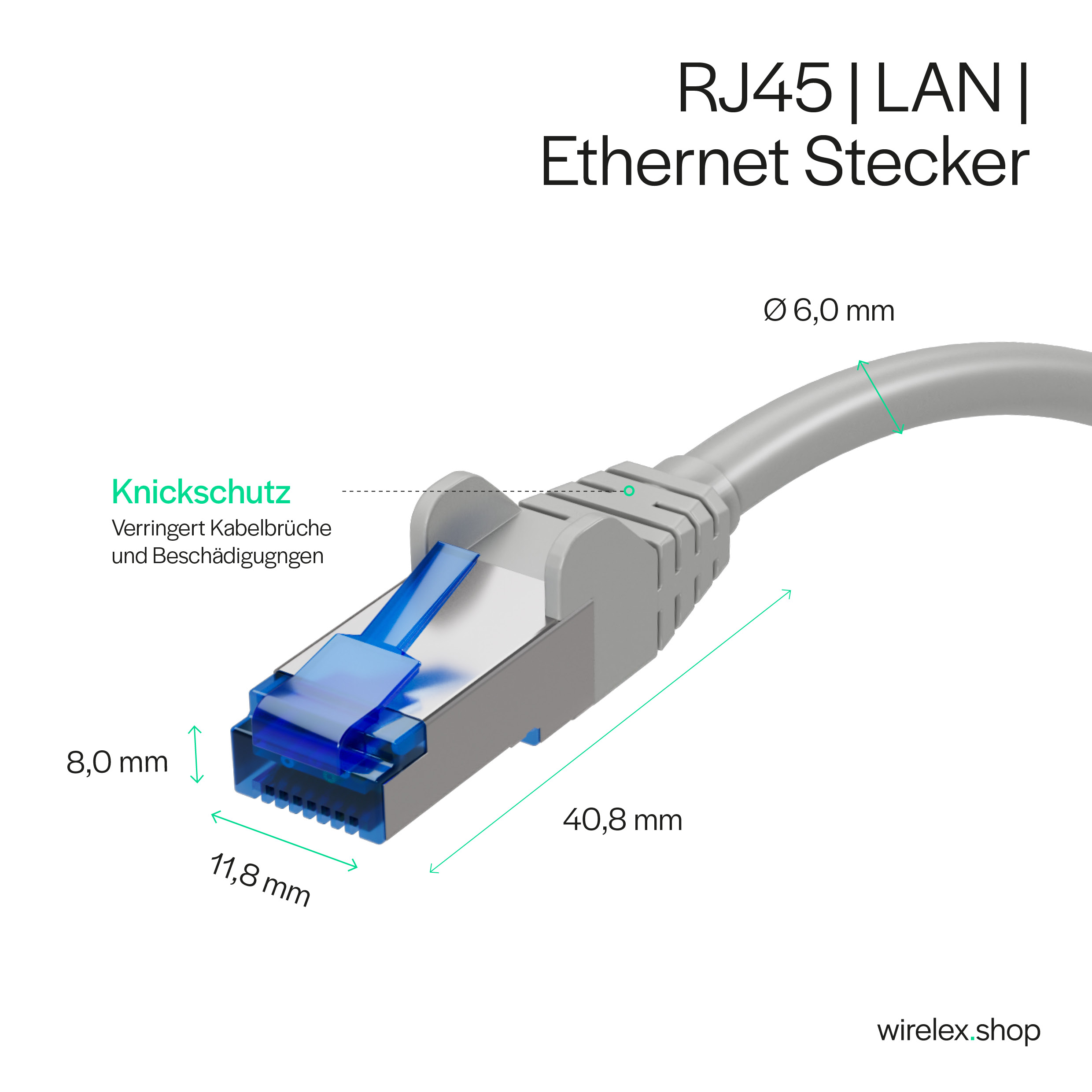 Ein grauer RJ45 LAN Ethernet-Stecker mit beschrifteten Abmessungen. Der Stecker hat eine blaue interne Komponente.