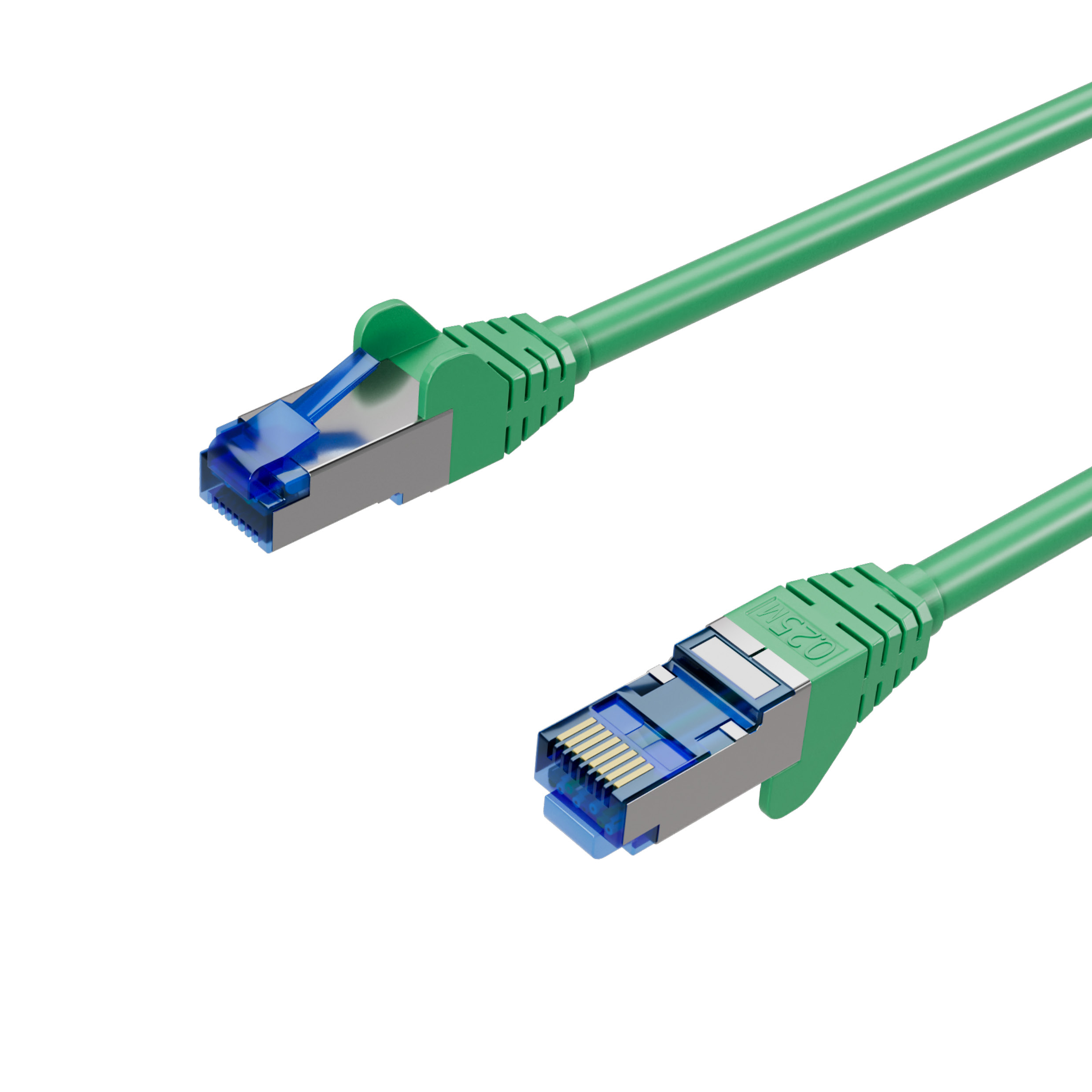 Zwei grüne Ethernet-Kabel mit RJ45-Anschlüssen. Eines ist zum Betrachter hin angewinkelt.