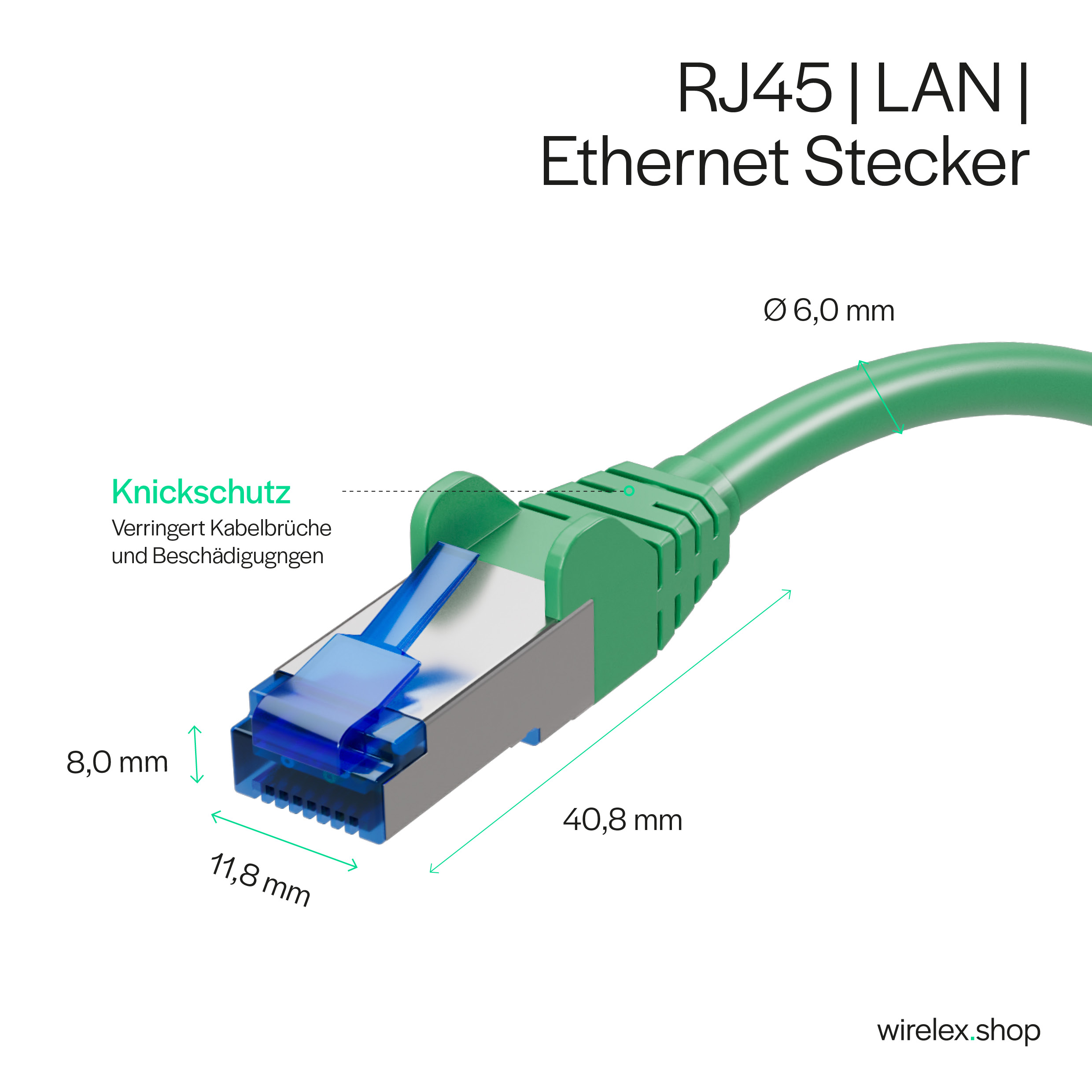 Grüner RJ45 LAN Ethernet-Stecker mit Abmessungen und Textbeschriftungen.