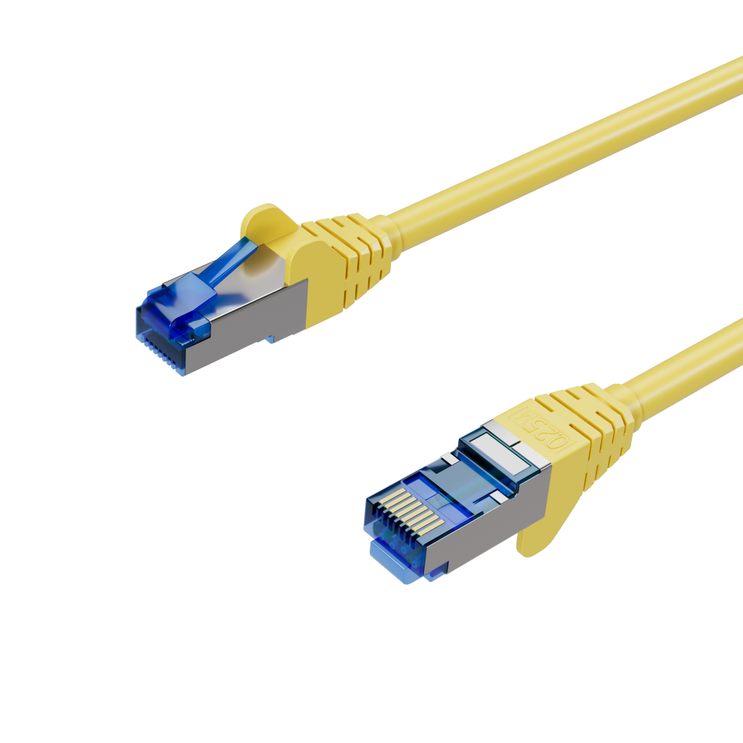 Zwei gelbe Netzwerkkabel mit blau-silbernen Steckern.