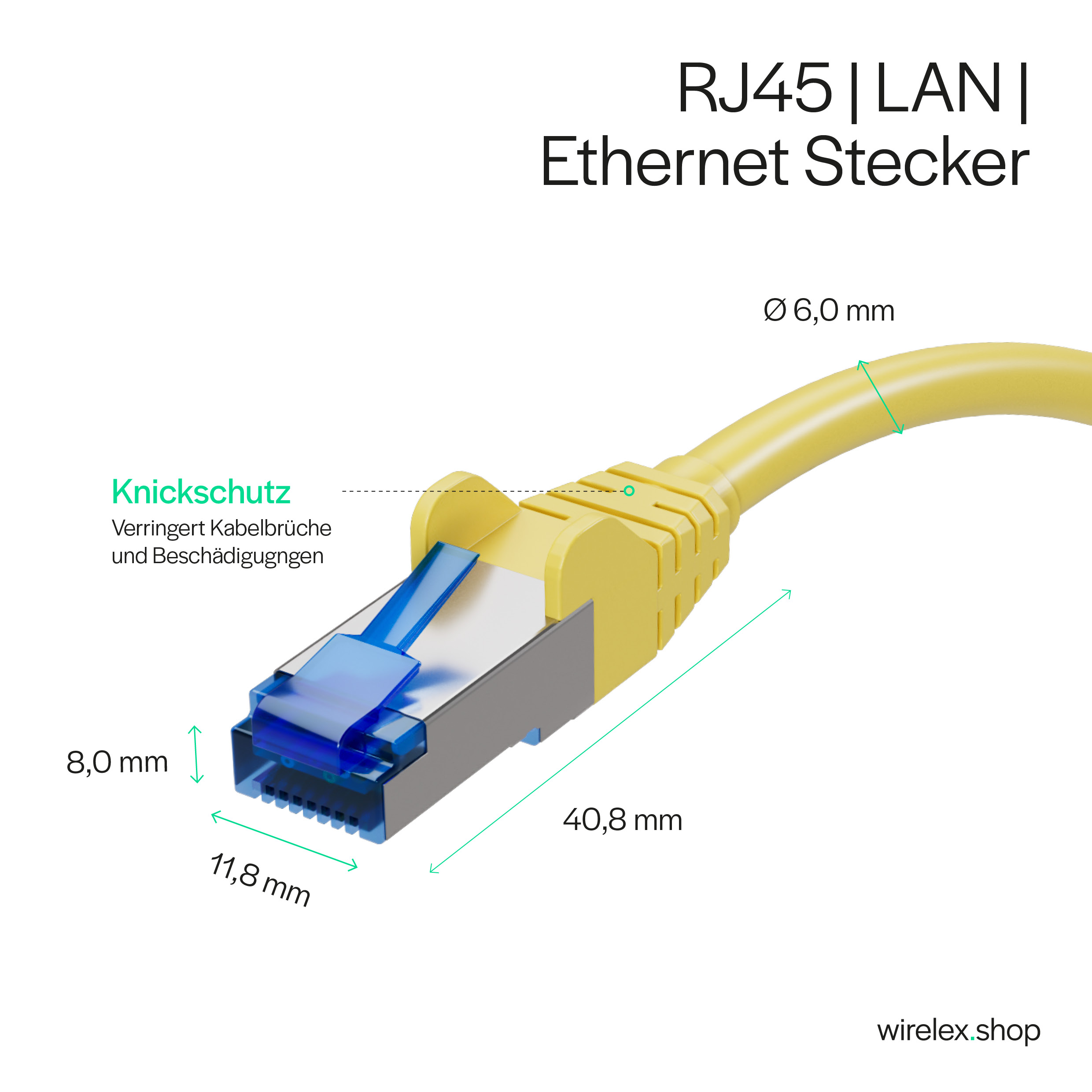 Ein gelber RJ45 LAN Ethernet-Stecker mit blauem Innenleben, Beschriftungen, Pfeilen und Maßen.