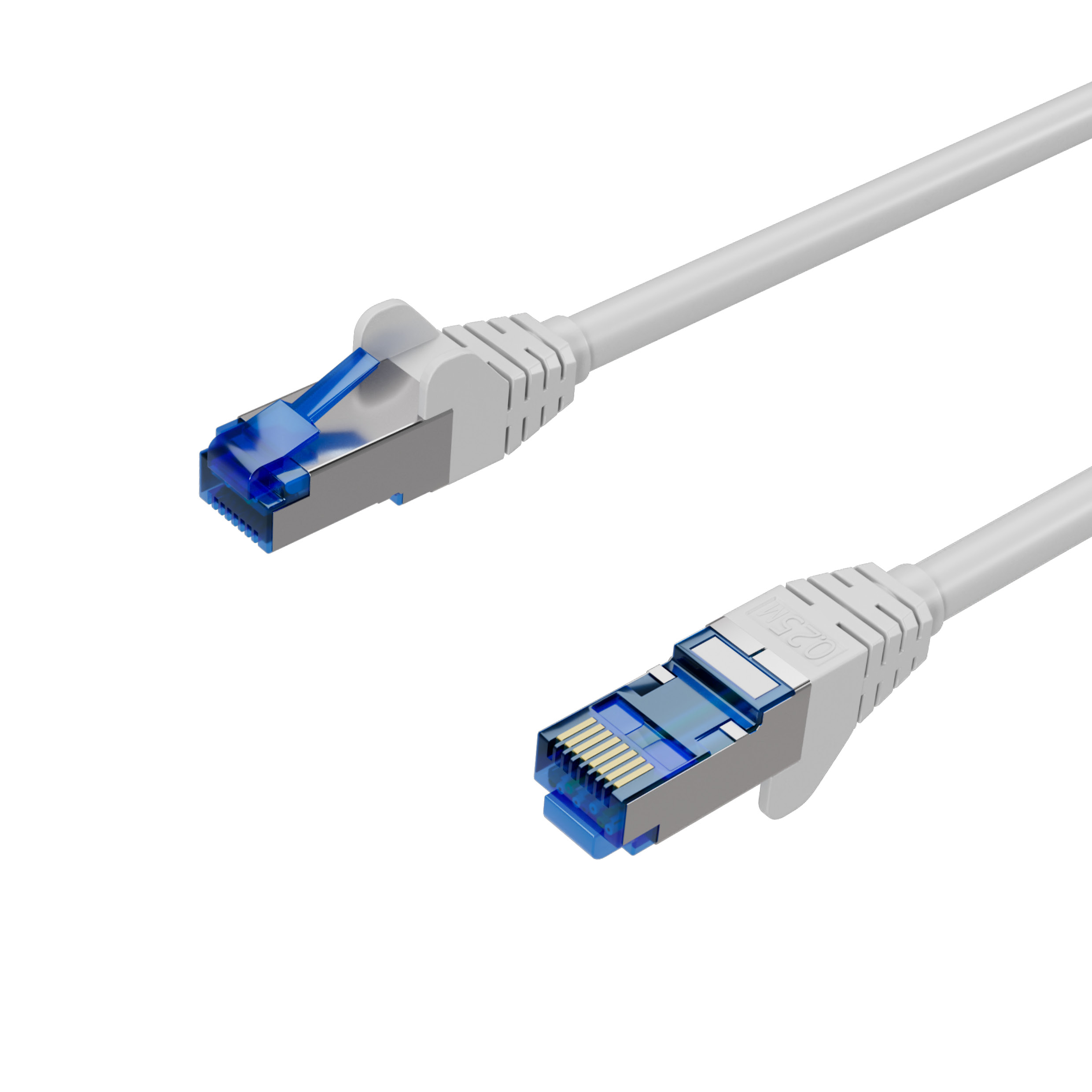 Zwei graue Ethernet-Kabel mit blauen Steckern auf weißem Hintergrund.