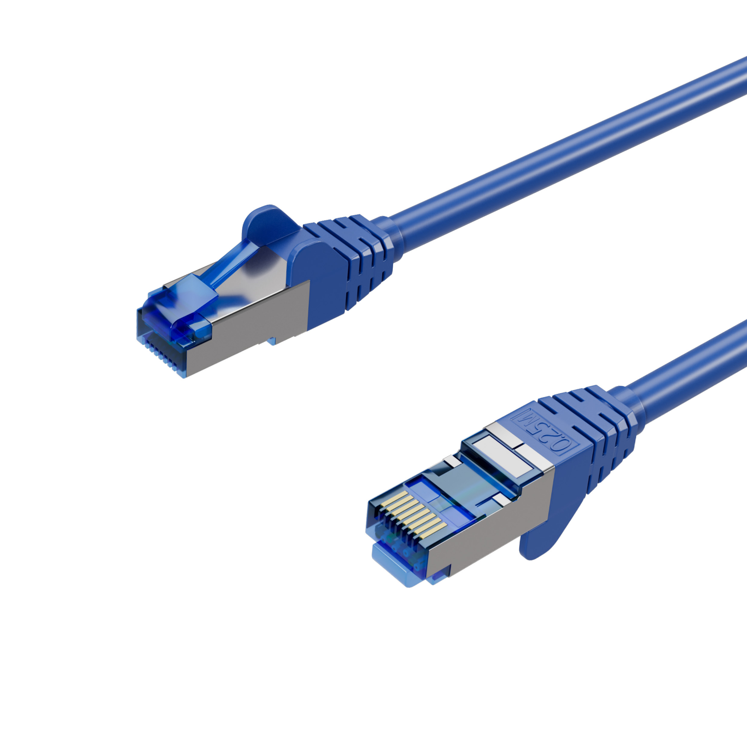 Zwei blaue Netzwerkkabel mit RJ45-Steckern. Kabel auf weißem Hintergrund.