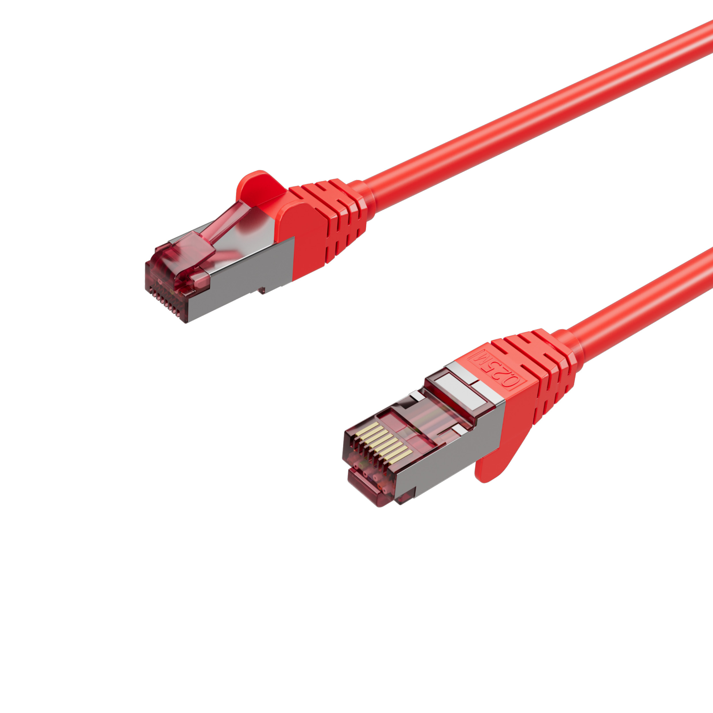 Rotes Ethernet-Kabel mit Steckern an beiden Enden auf weißem Hintergrund.