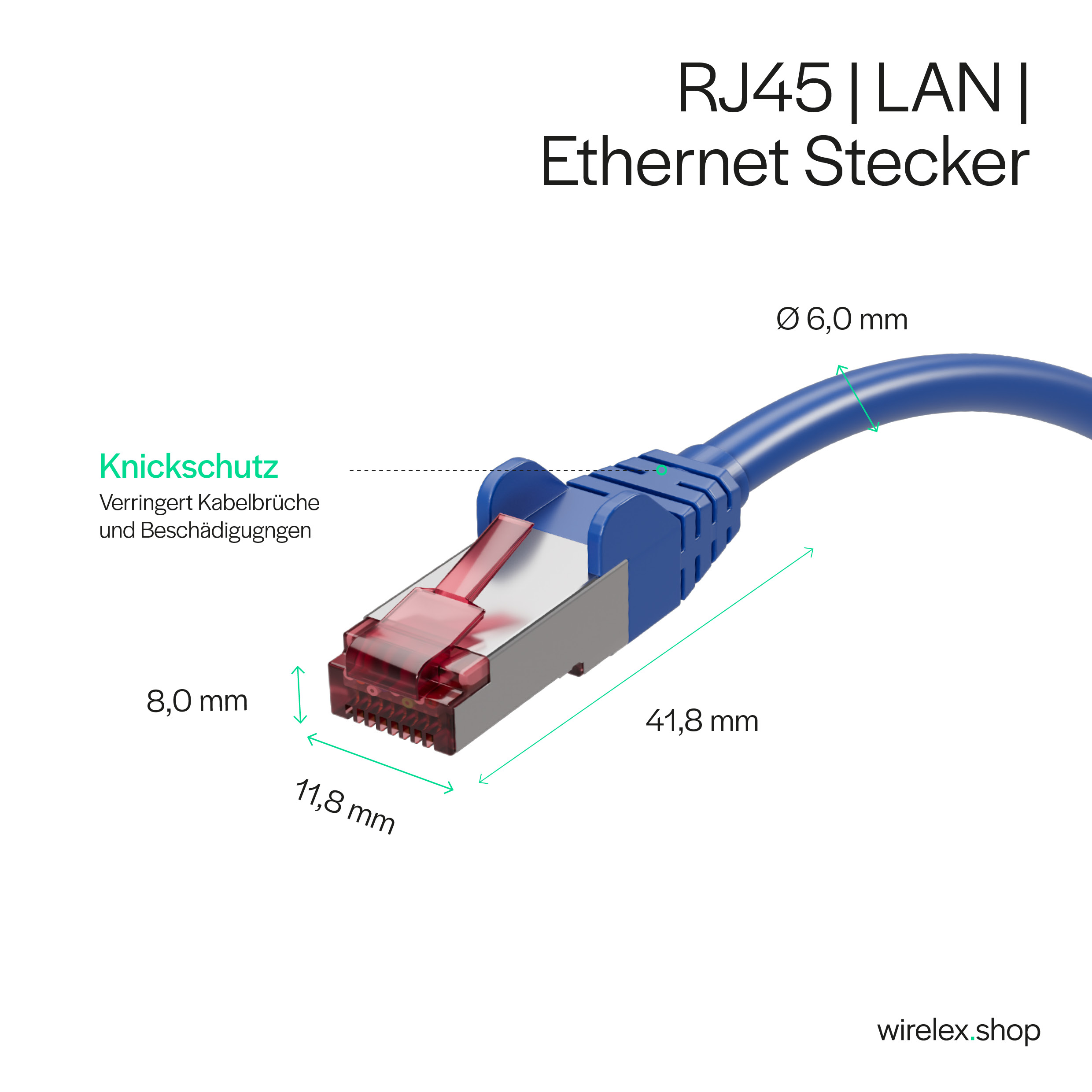 Blauer Ethernet-Stecker mit Maßangaben, rotes Innenteil.