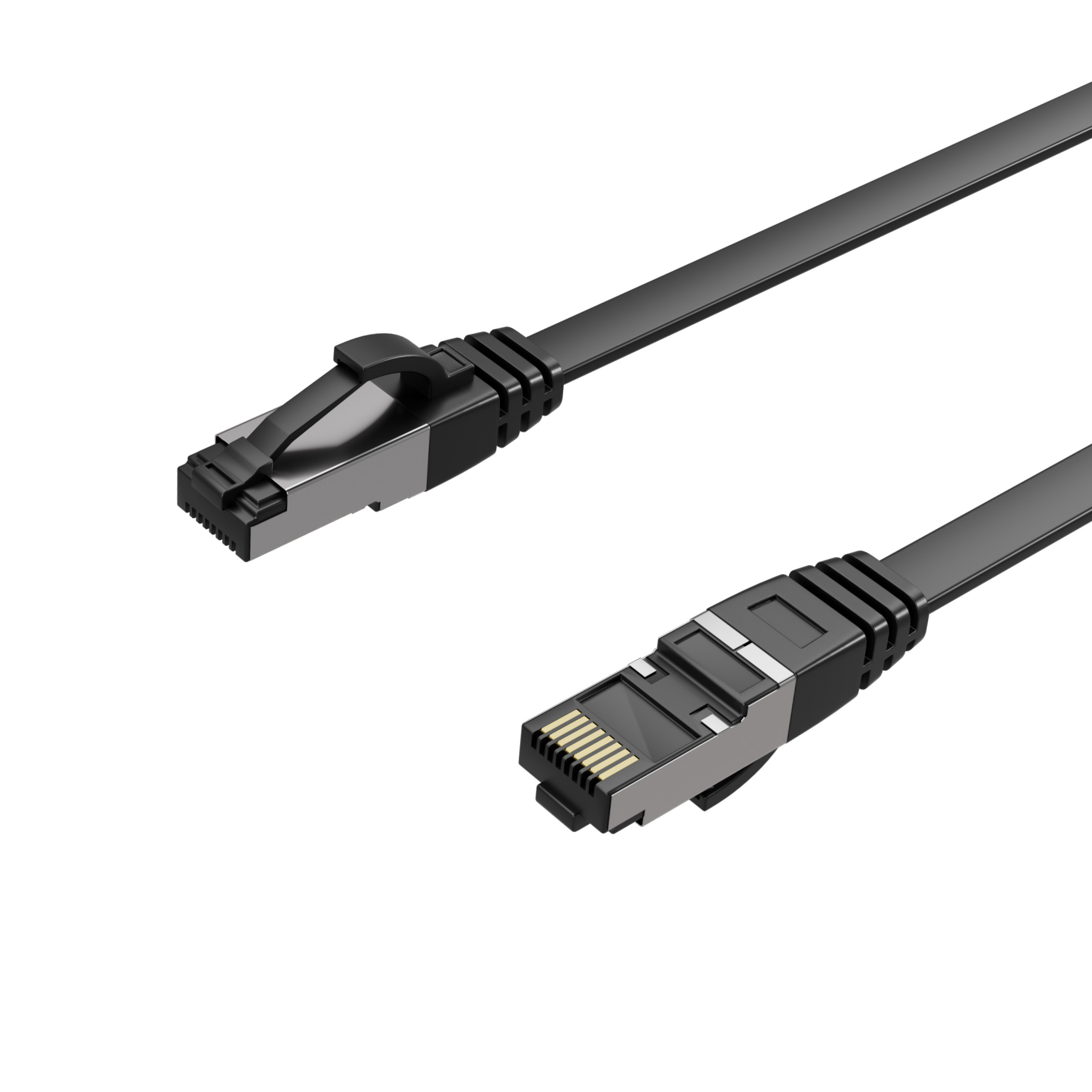 Cavo Ethernet nero con connettori su sfondo bianco.